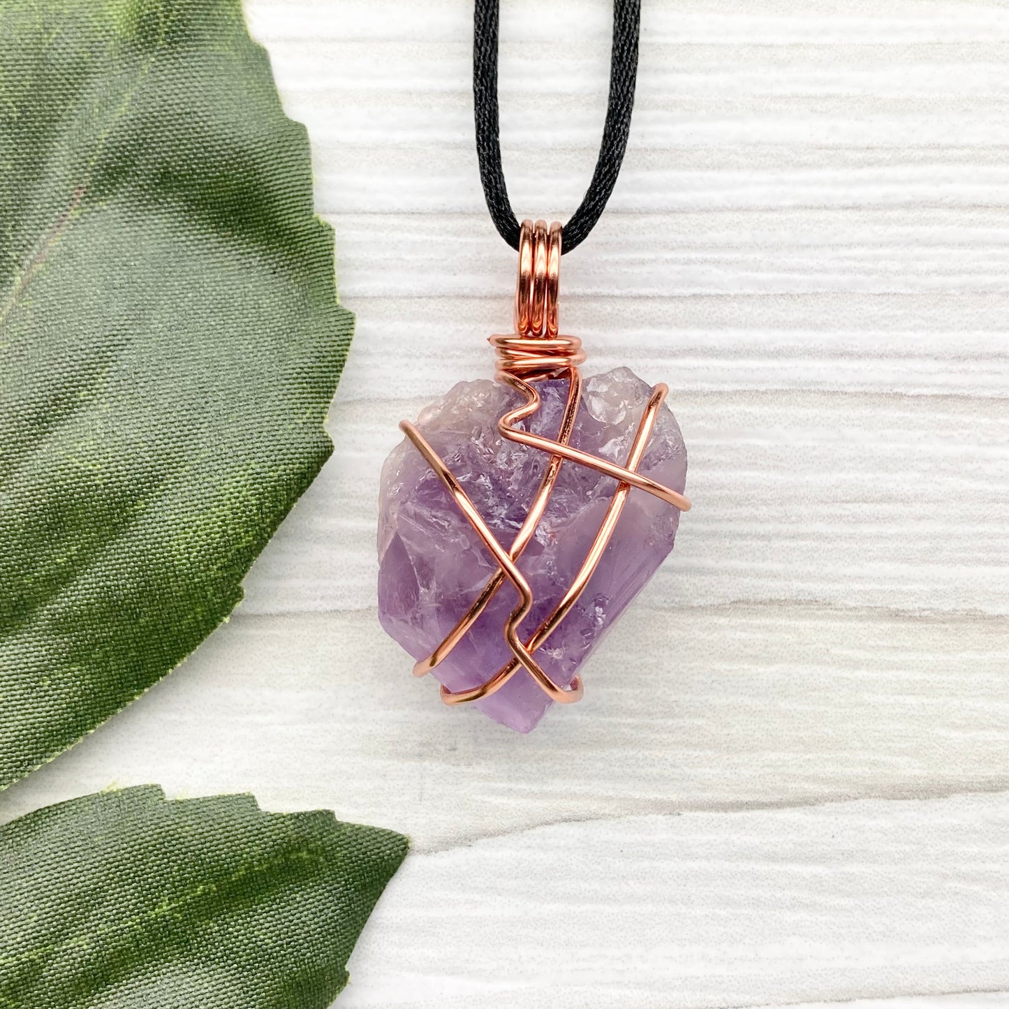 Raw Amethyst Necklace. Natural Purple Amethyst Crystal Wrapped With Tarnish Resistant Copper Wire. Purple Stone Pendant. Comes On A Black Necklace. Aquarius Zodiac Crystal Jewelry. Handmade In Tennessee.