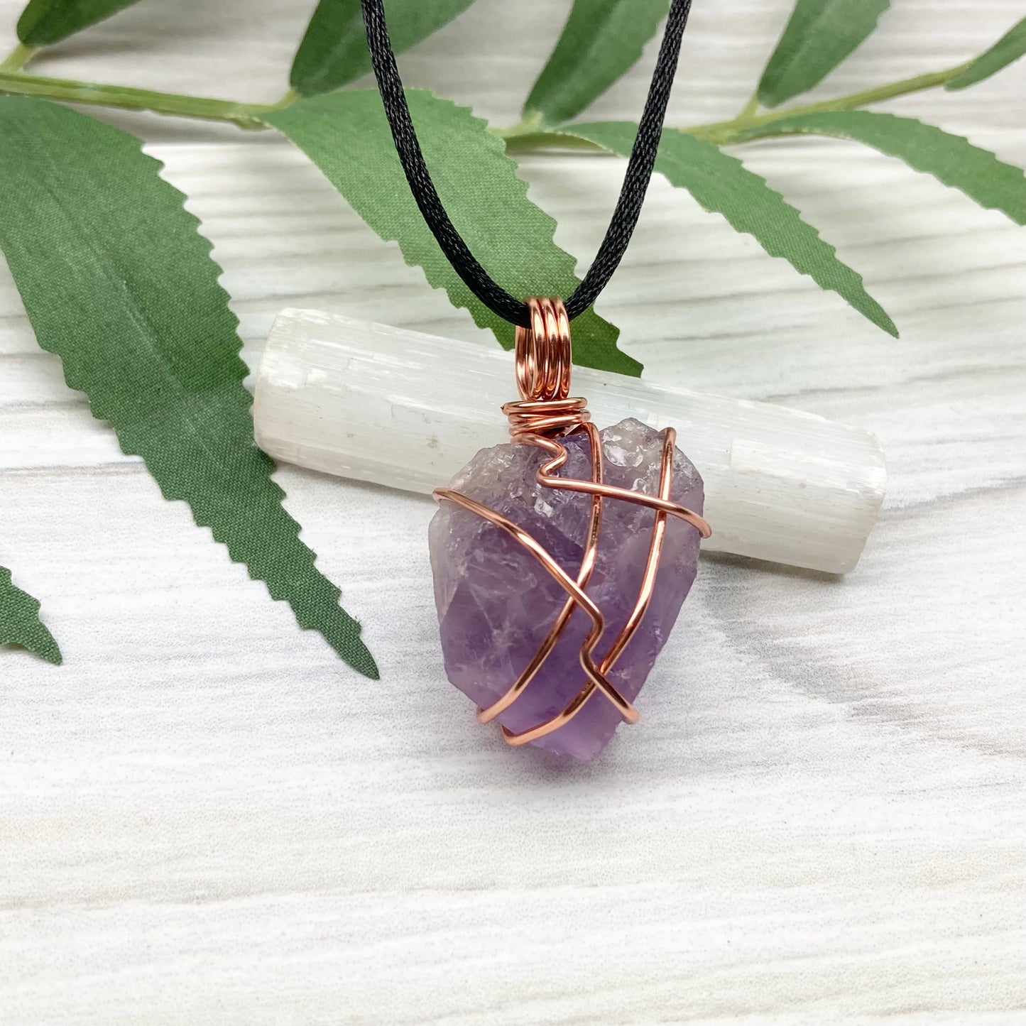 Raw Amethyst Necklace. Natural Purple Amethyst Crystal Wrapped With Tarnish Resistant Copper Wire. Purple Stone Pendant. Comes On A Black Necklace. Aquarius Zodiac Crystal Jewelry. Handmade In Tennessee.