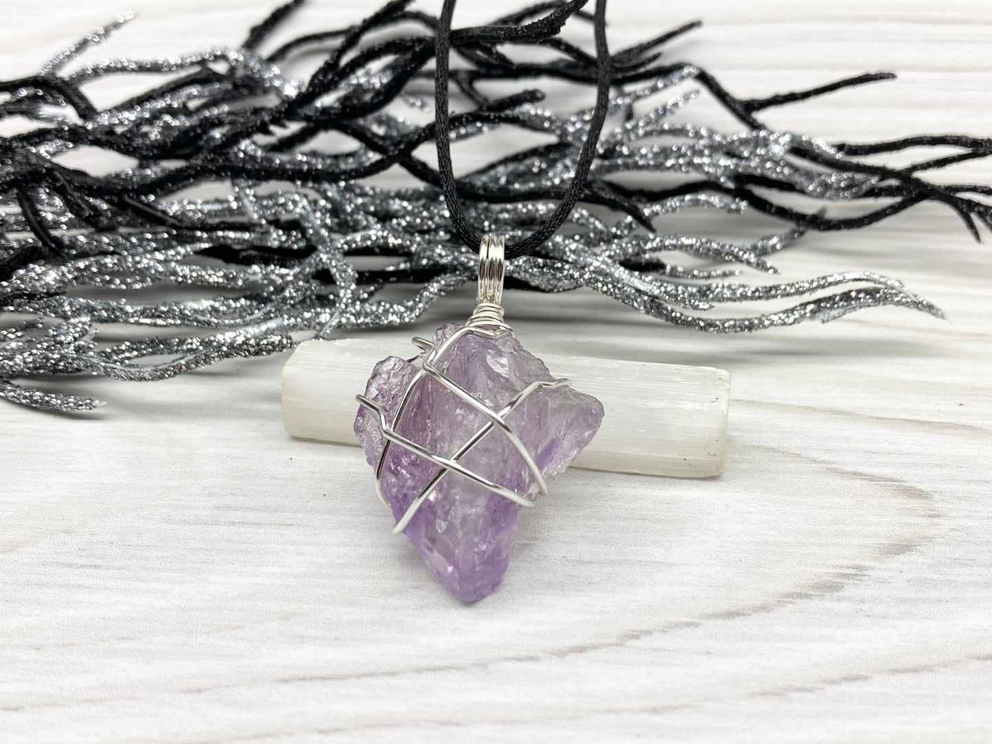 Raw Amethyst Necklace. Natural Amethyst Crystal Wrapped With Tarnish Resistant Silver Colored Copper Wire. Pendant Hangs On A Black Necklace. Handmade In Tennessee.