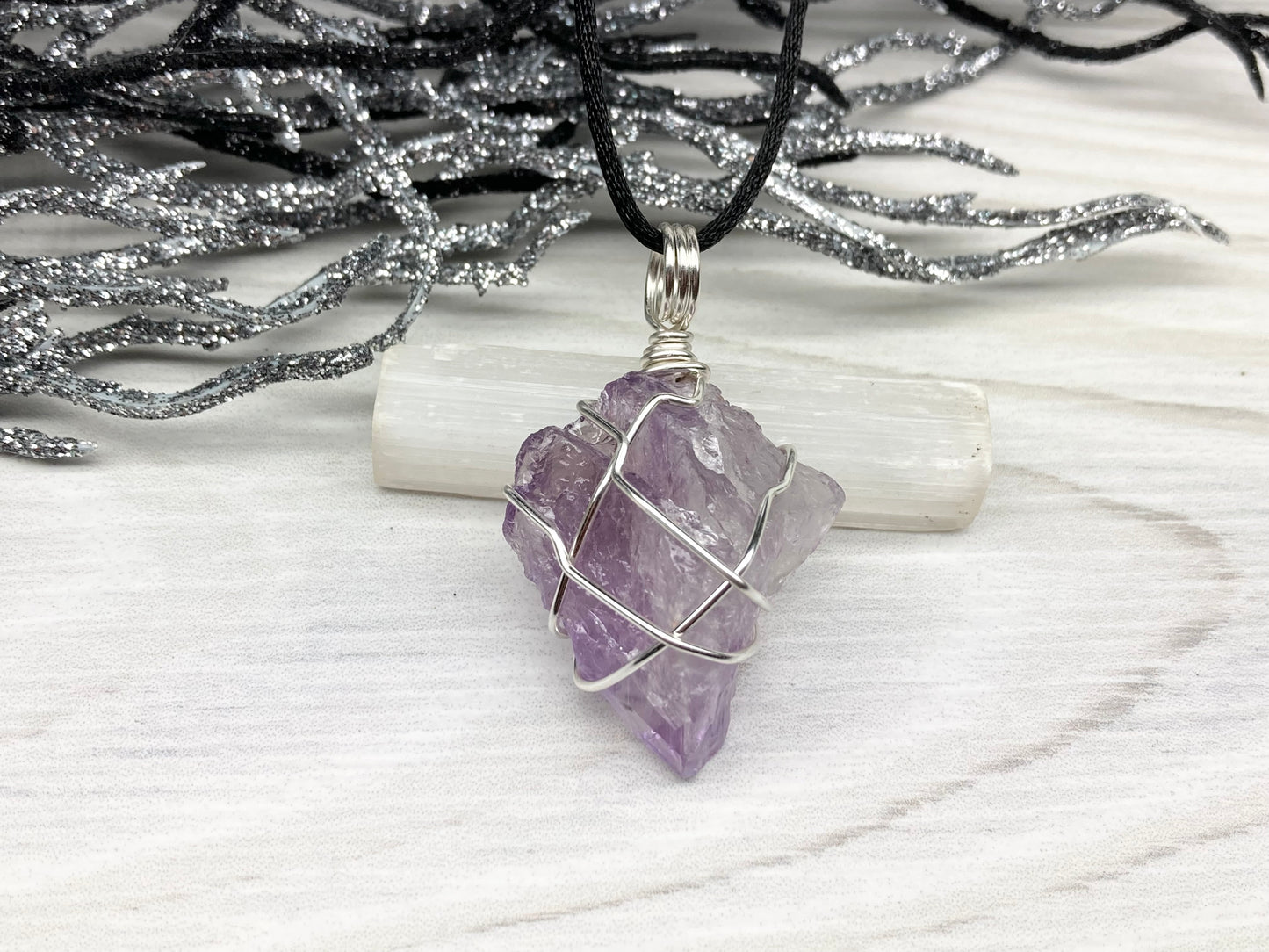 Raw Amethyst Necklace. Natural Amethyst Crystal Wrapped With Tarnish Resistant Silver Colored Copper Wire. Pendant Hangs On A Black Necklace. Handmade In Tennessee.