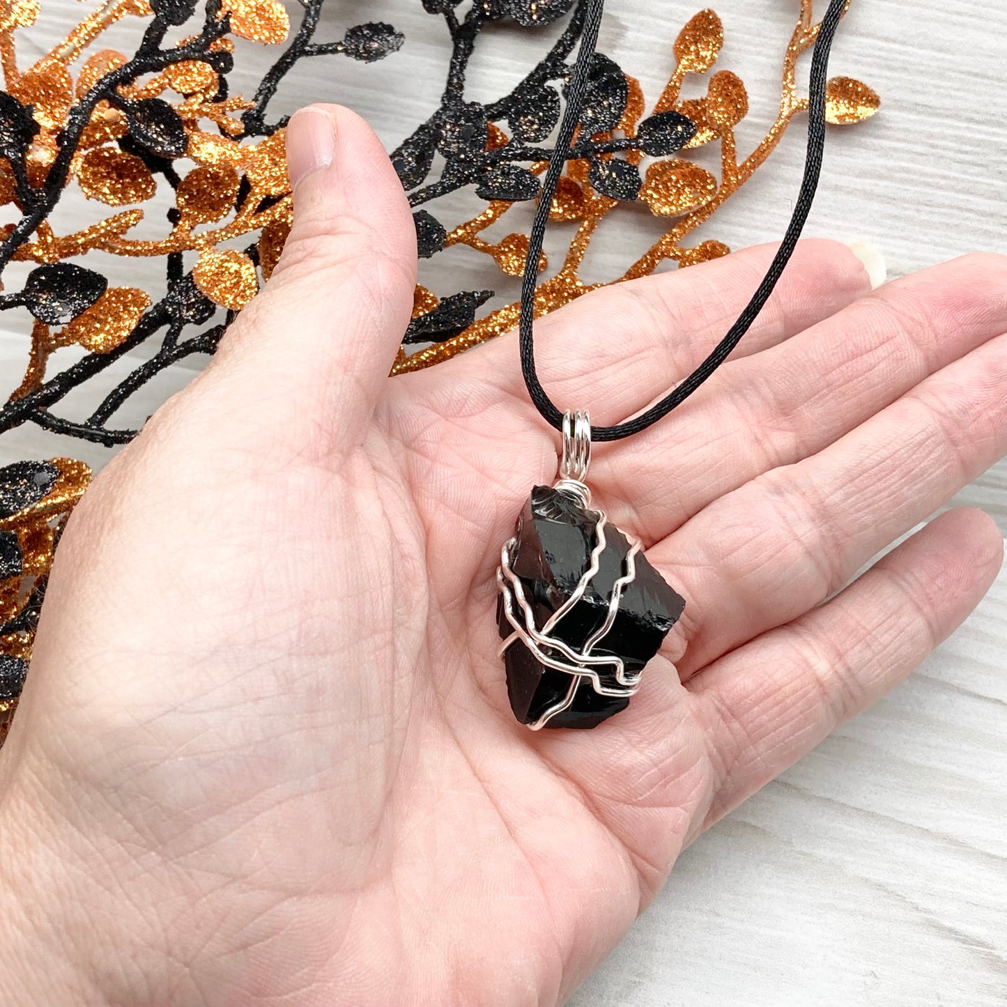 Raw Black Obsidian Necklace, Silver Copper Wrapped