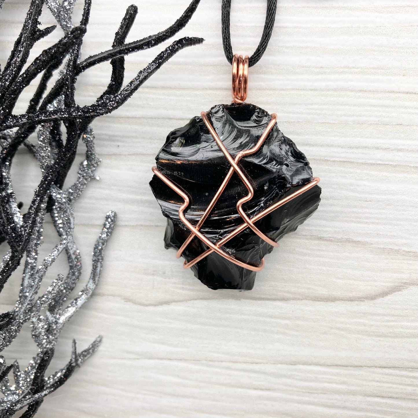 Raw Black Obsidian Necklace. Natural Obsidian Crystal Wrapped With Copper Wire. Comes On A Black Necklace. Witchy Pagan Style Jewelry.