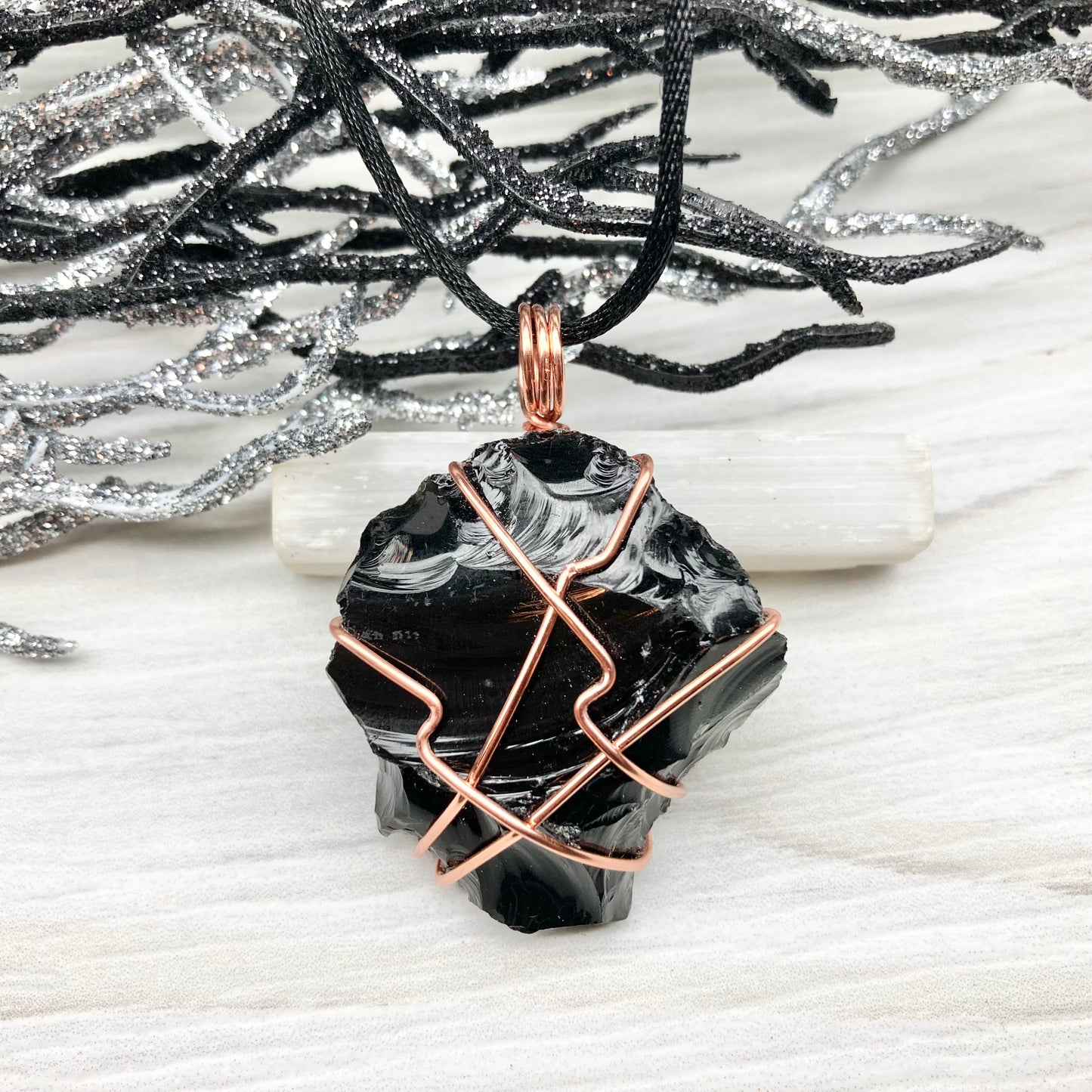 Raw Black Obsidian Necklace. Natural Obsidian Crystal Wrapped With Copper Wire. Comes On A Black Necklace. Witchy Pagan Style Jewelry.