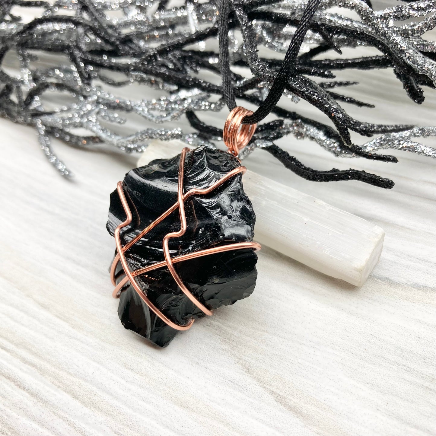 Raw Black Obsidian Necklace. Natural Obsidian Crystal Wrapped With Copper Wire. Comes On A Black Necklace. Witchy Pagan Style Jewelry.