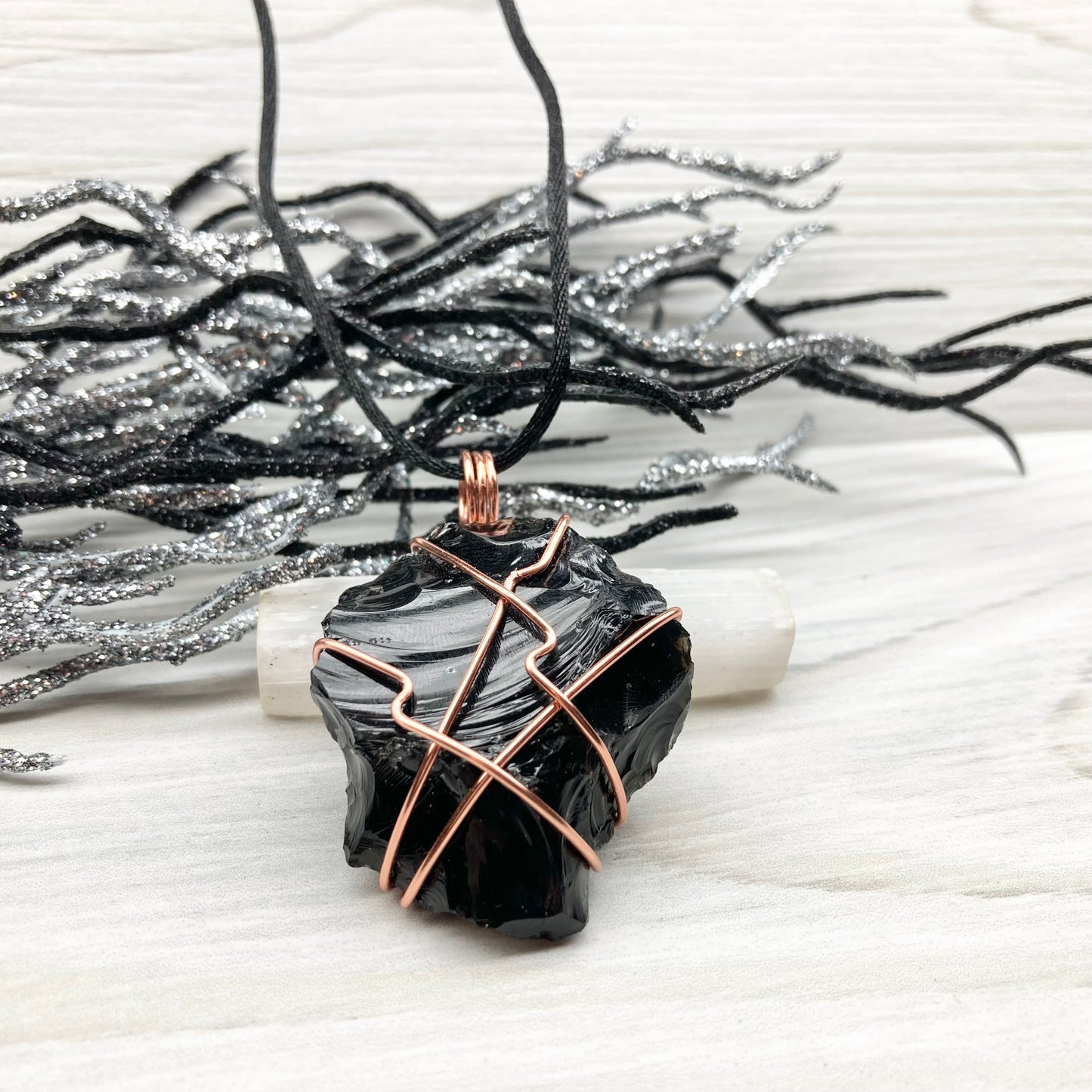 Raw Black Obsidian Necklace. Natural Obsidian Crystal Wrapped With Copper Wire. Comes On A Black Necklace. Witchy Pagan Style Jewelry.