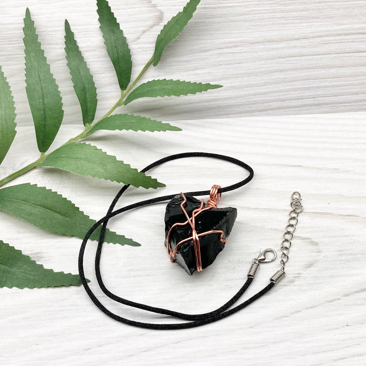 Natural Black Obsidian Necklace. Crystal Wrapped With Tarnish Resistant Copper Wire. Comes On A Black Chain.