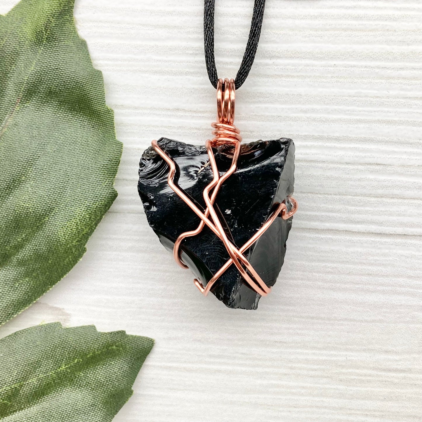 Natural Black Obsidian Necklace. Crystal Wrapped With Tarnish Resistant Copper Wire. Comes On A Black Chain.