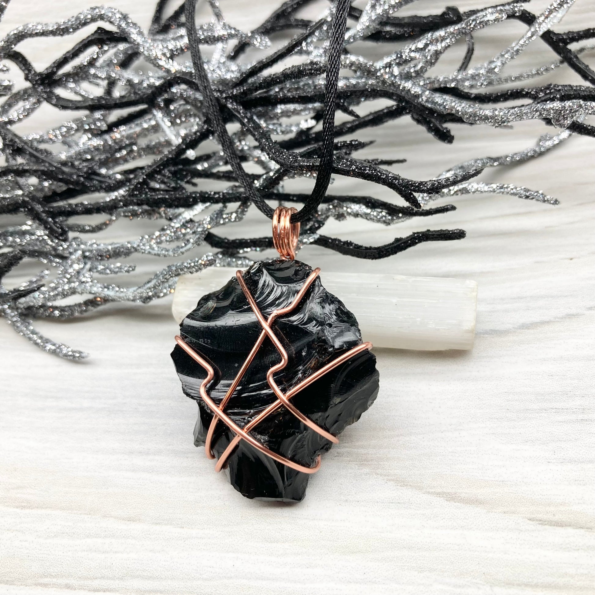 Raw Black Obsidian Necklace. Natural Obsidian Crystal Wrapped With Copper Wire. Comes On A Black Necklace. Witchy Pagan Style Jewelry.