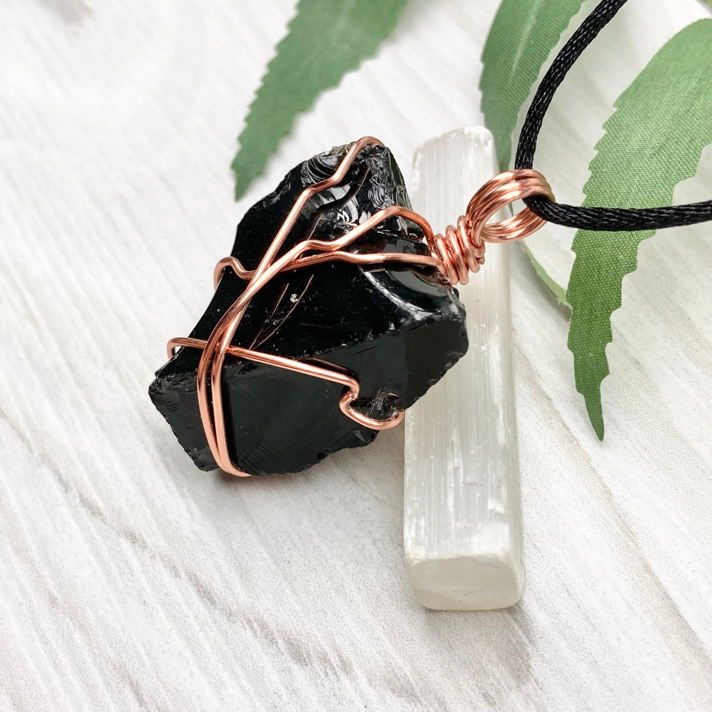 Natural Black Obsidian Necklace. Crystal Wrapped With Tarnish Resistant Copper Wire. Comes On A Black Chain.