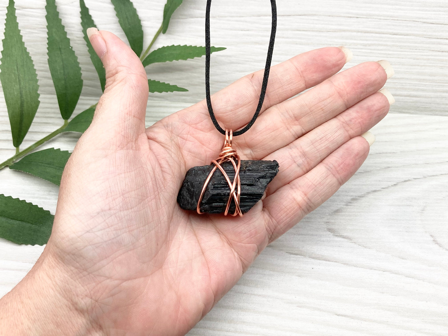 Chunky Black Tourmaline Necklace. Copper Wire Wrapped Stone Pendant. Raw Crystal Statement Jewelry. Comes On A Black Chain.
