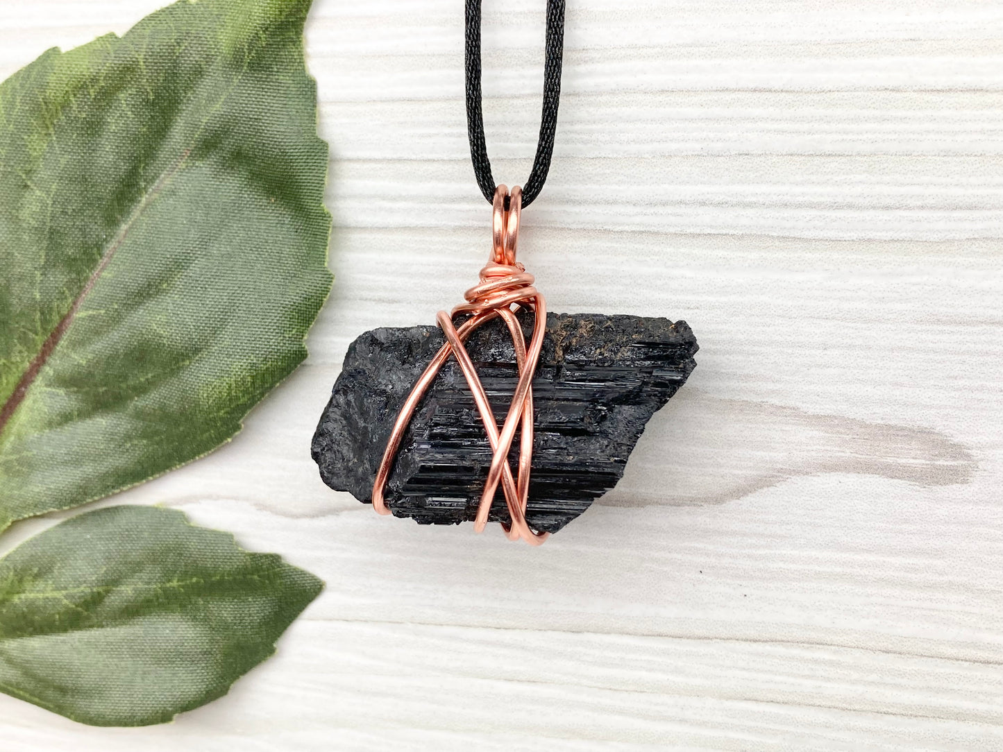 Chunky Black Tourmaline Necklace. Copper Wire Wrapped Stone Pendant. Raw Crystal Statement Jewelry. Comes On A Black Chain.