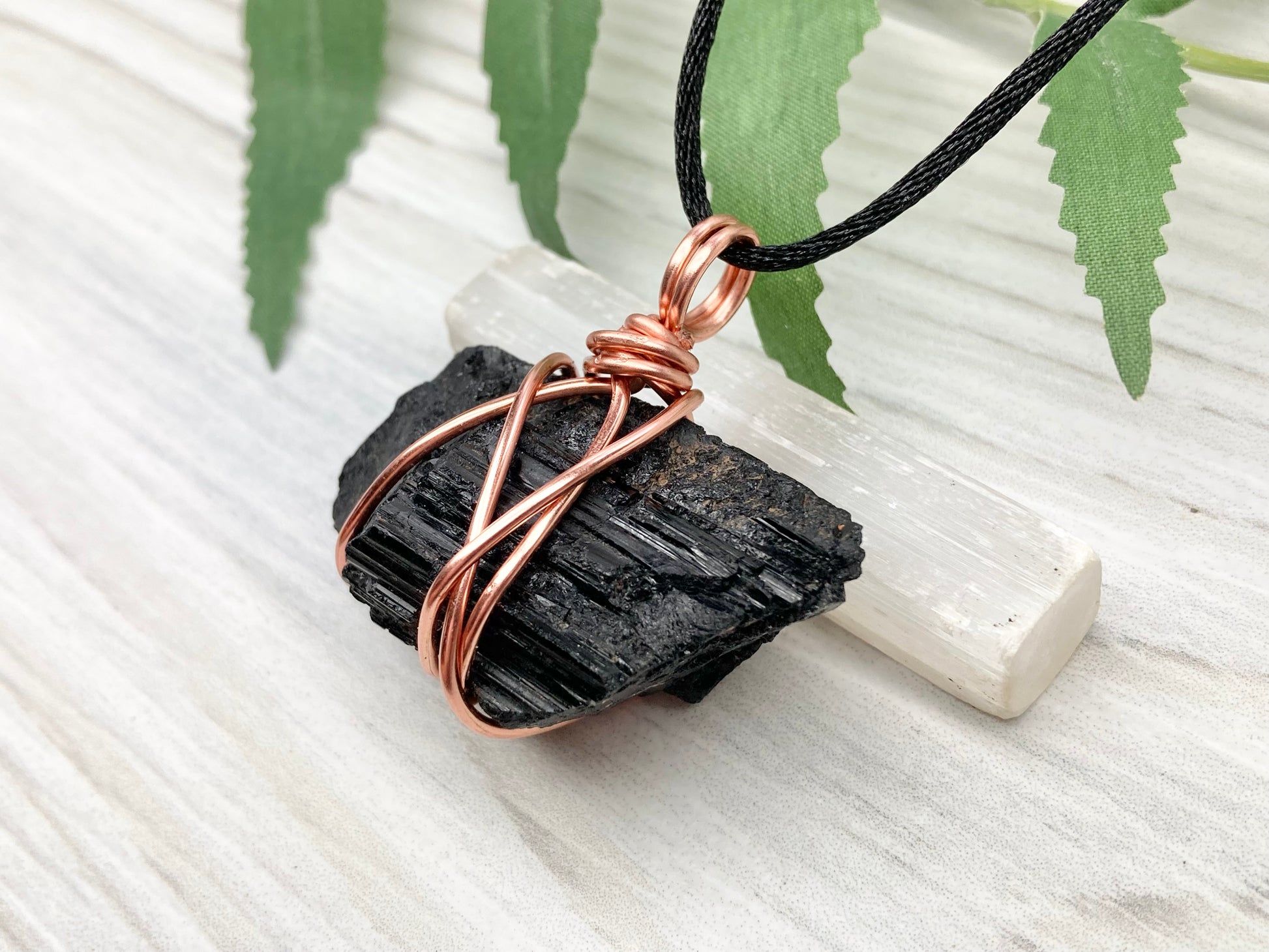 Chunky Black Tourmaline Necklace. Copper Wire Wrapped Stone Pendant. Raw Crystal Statement Jewelry. Comes On A Black Chain.