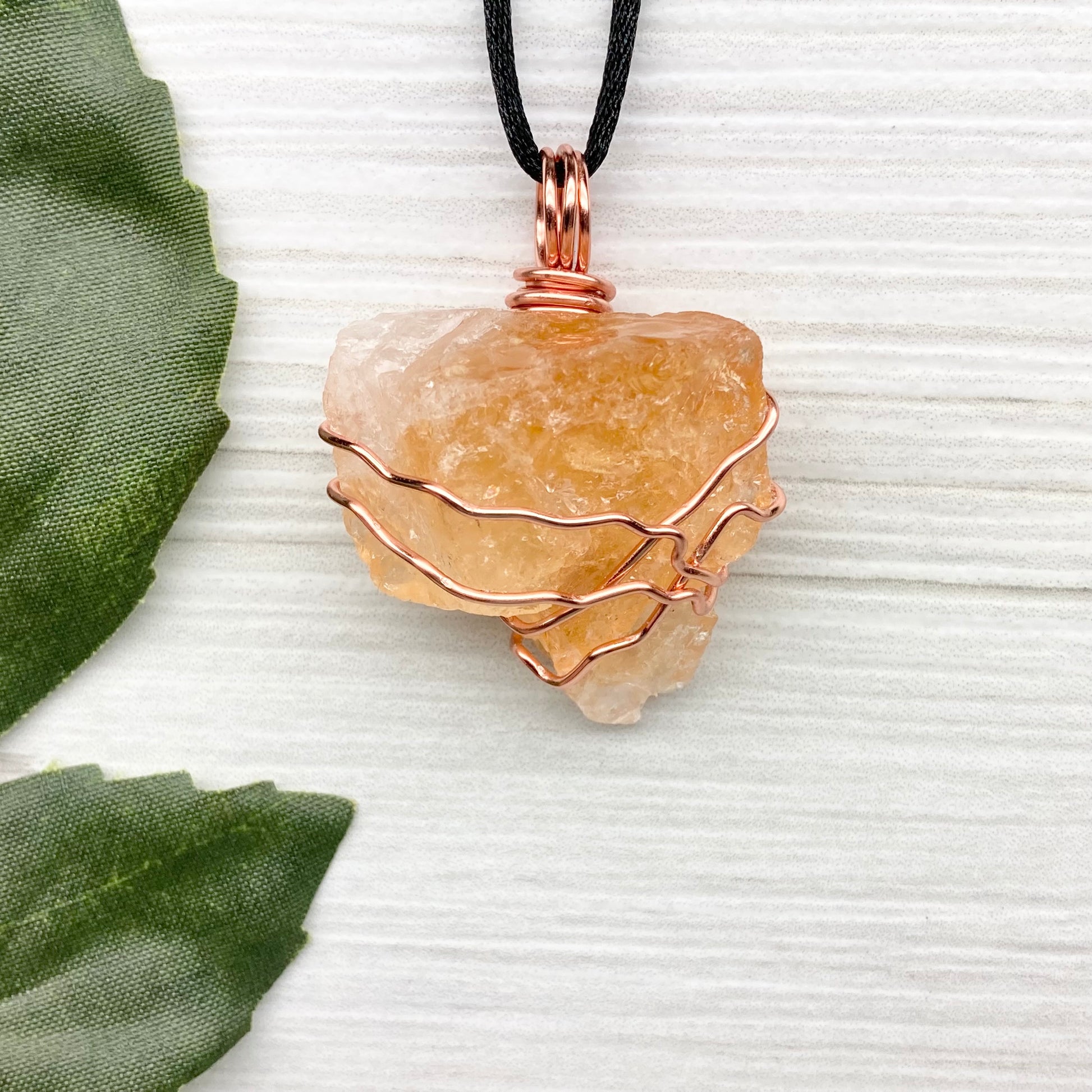 Chunky Raw Citrine Necklace. Larger Yellow Orange Crystal Wrapped With Tarnish Resistant Copper Wire. Comes On A Black Chain. Metaphysical Jewelry.