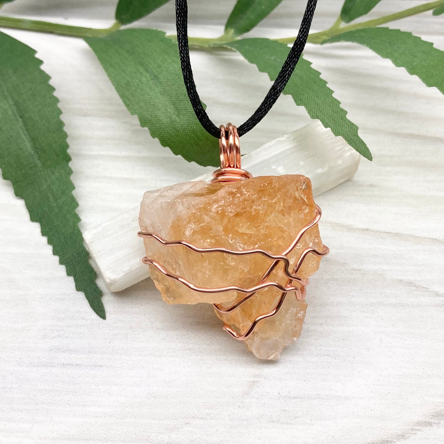 Chunky Raw Citrine Necklace. Larger Yellow Orange Crystal Wrapped With Tarnish Resistant Copper Wire. Comes On A Black Chain. Metaphysical Jewelry.