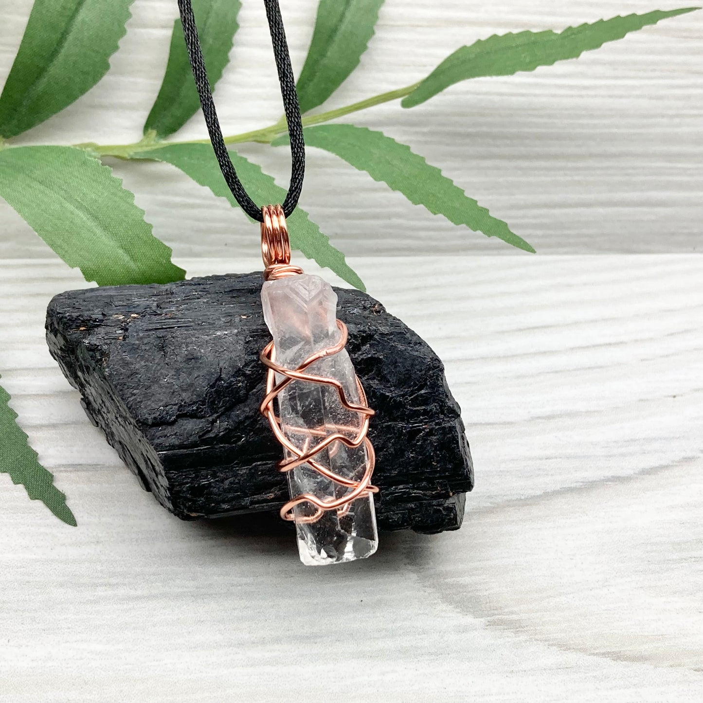 Raw Clear Quartz Necklace. Copper Wire Wrapped Crystal Pendant. Comes On A Black Necklace. Handmade Spiritual Jewelry. 