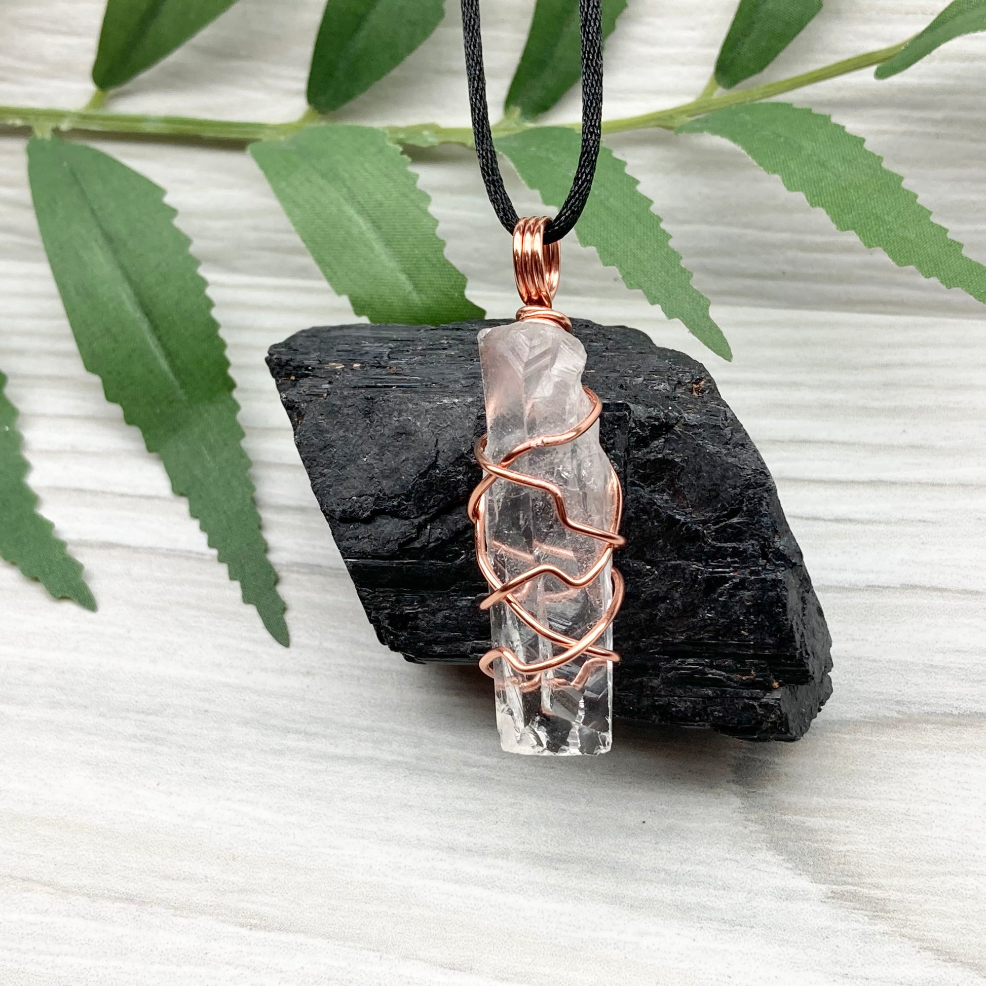 Raw Clear Quartz Necklace. Copper Wire Wrapped Crystal Pendant. Comes On A Black Necklace. Handmade Spiritual Jewelry. 