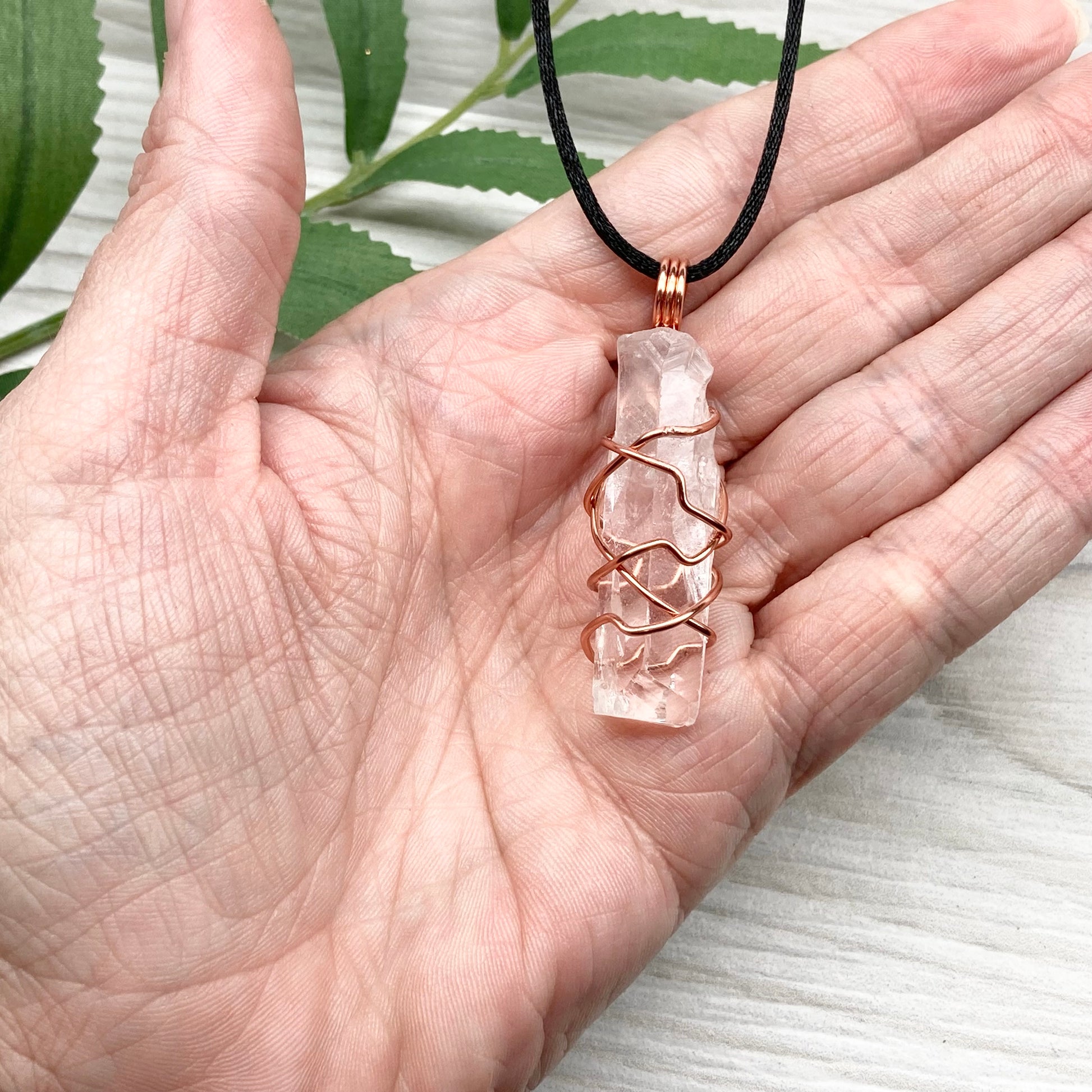 Raw Clear Quartz Necklace. Copper Wire Wrapped Crystal Pendant. Comes On A Black Necklace. Handmade Spiritual Jewelry. 