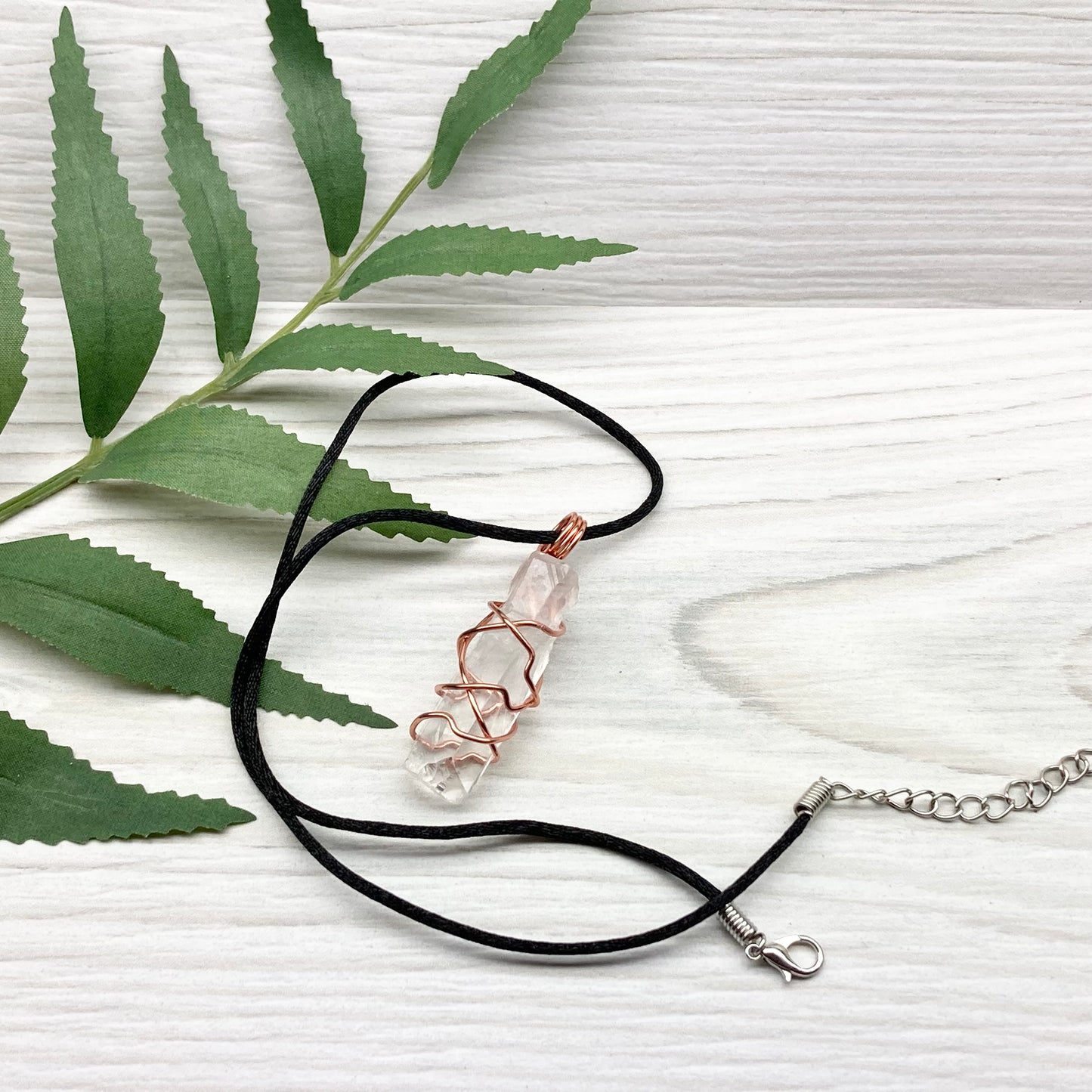 Raw Clear Quartz Necklace. Copper Wire Wrapped Crystal Pendant. Comes On A Black Necklace. Handmade Spiritual Jewelry. 