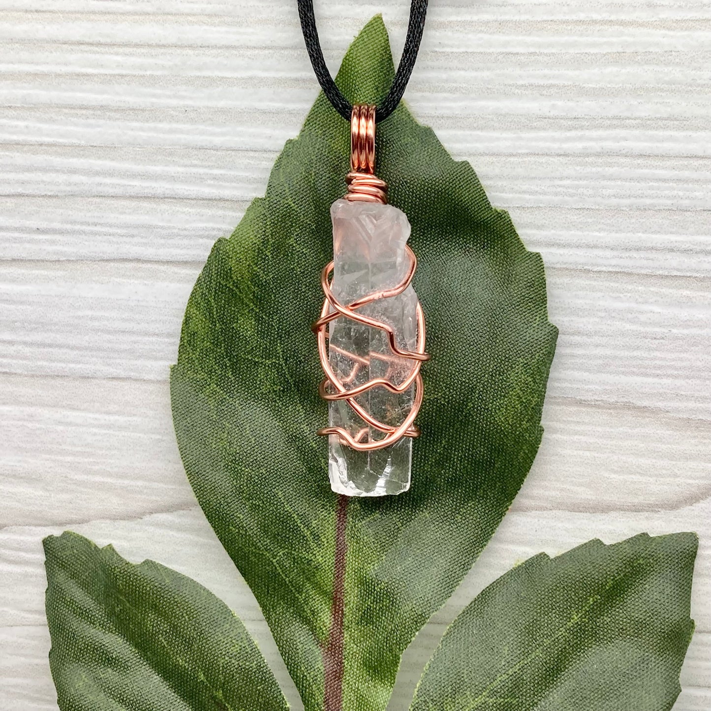 Raw Clear Quartz Necklace. Copper Wire Wrapped Crystal Pendant. Comes On A Black Necklace. Handmade Spiritual Jewelry. 