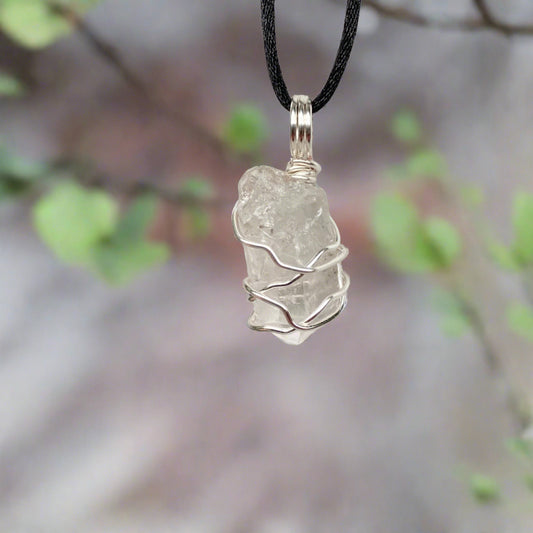 Natural Clear Quartz Necklace. Raw Quartz Wrapped With Silver Copper Wire. Comes On A Black Necklace. 