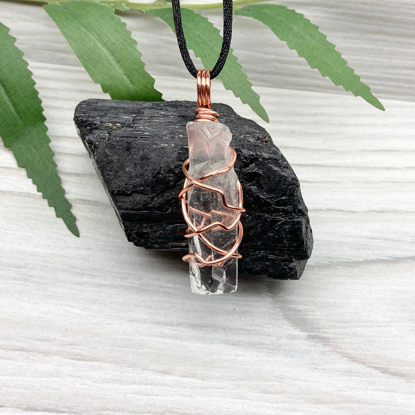 Raw Clear Quartz Necklace. Copper Wire Wrapped Crystal Pendant. Comes On A Black Necklace. Handmade Spiritual Jewelry. 