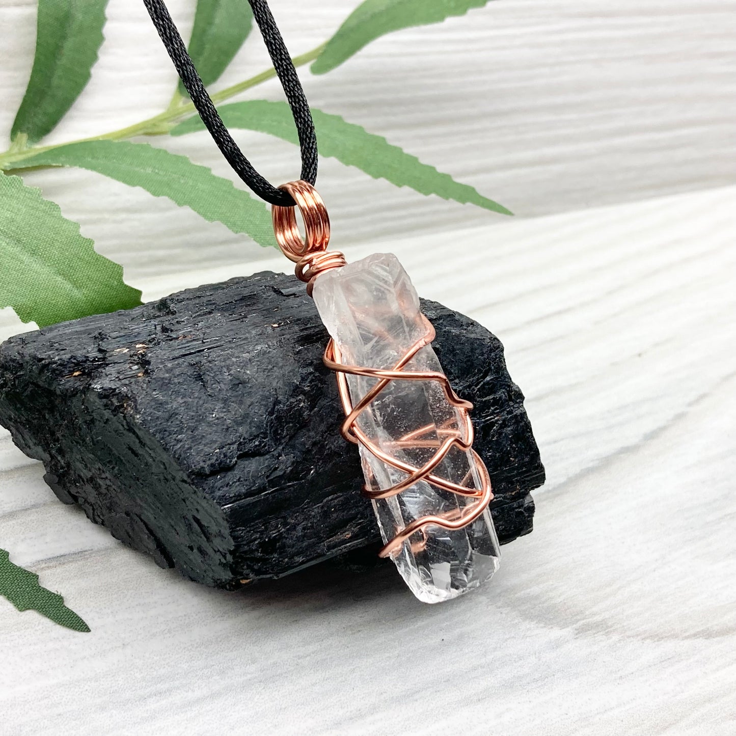 Raw Clear Quartz Necklace. Copper Wire Wrapped Crystal Pendant. Comes On A Black Necklace. Handmade Spiritual Jewelry. 