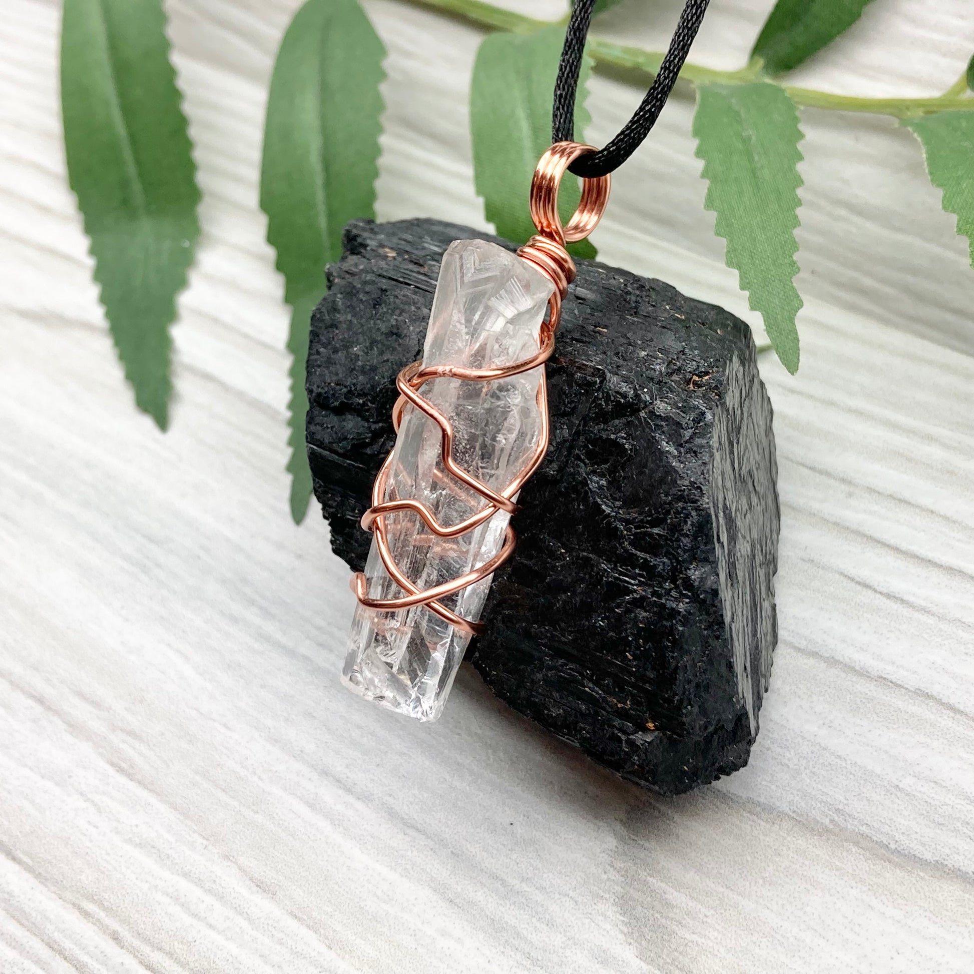 Raw Clear Quartz Necklace. Copper Wire Wrapped Crystal Pendant. Comes On A Black Necklace. Handmade Spiritual Jewelry. 