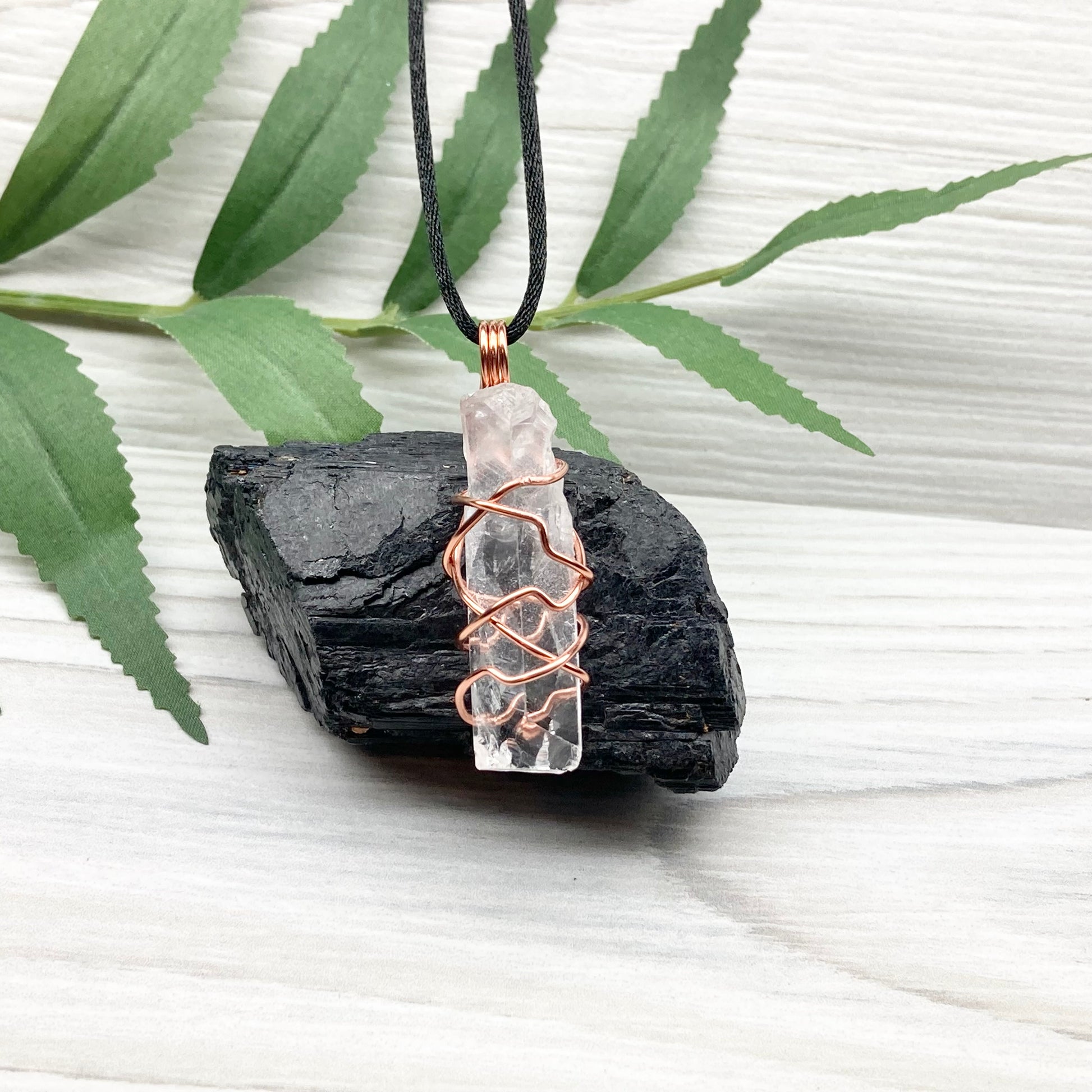 Raw Clear Quartz Necklace. Copper Wire Wrapped Crystal Pendant. Comes On A Black Necklace. Handmade Spiritual Jewelry. 