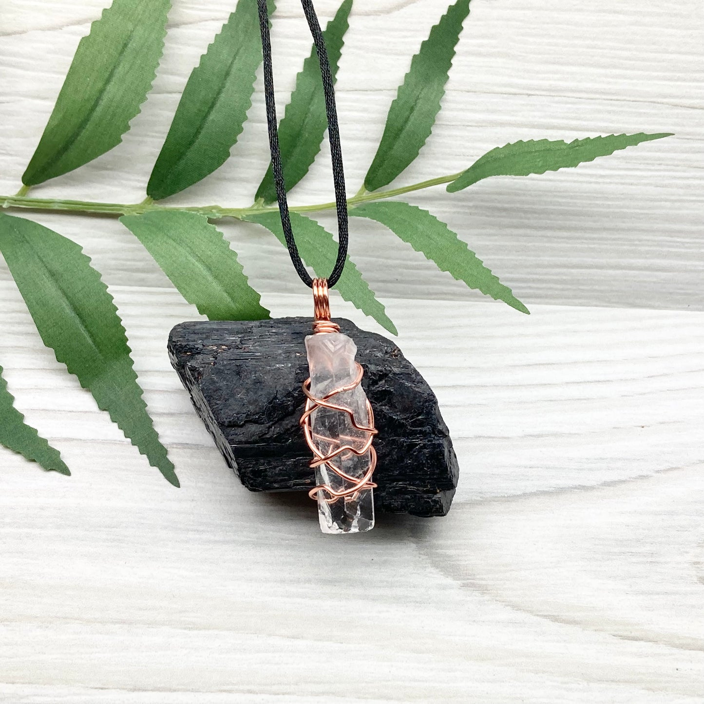 Raw Clear Quartz Necklace. Copper Wire Wrapped Crystal Pendant. Comes On A Black Necklace. Handmade Spiritual Jewelry. 