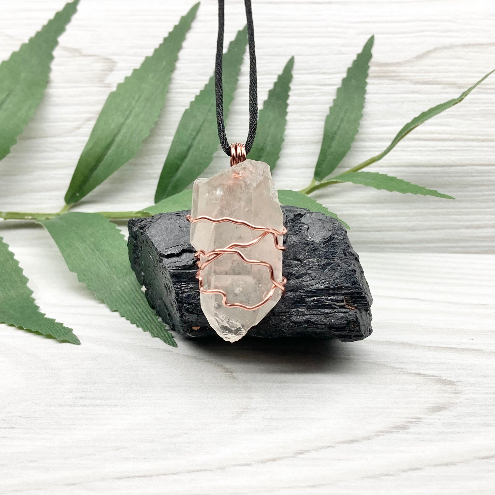 Raw Clear Quartz Crystal Necklace. Copper Wire Wrapped Stone Pendant. Comes On A Black Necklace. Handcrafted New Age Jewelry.