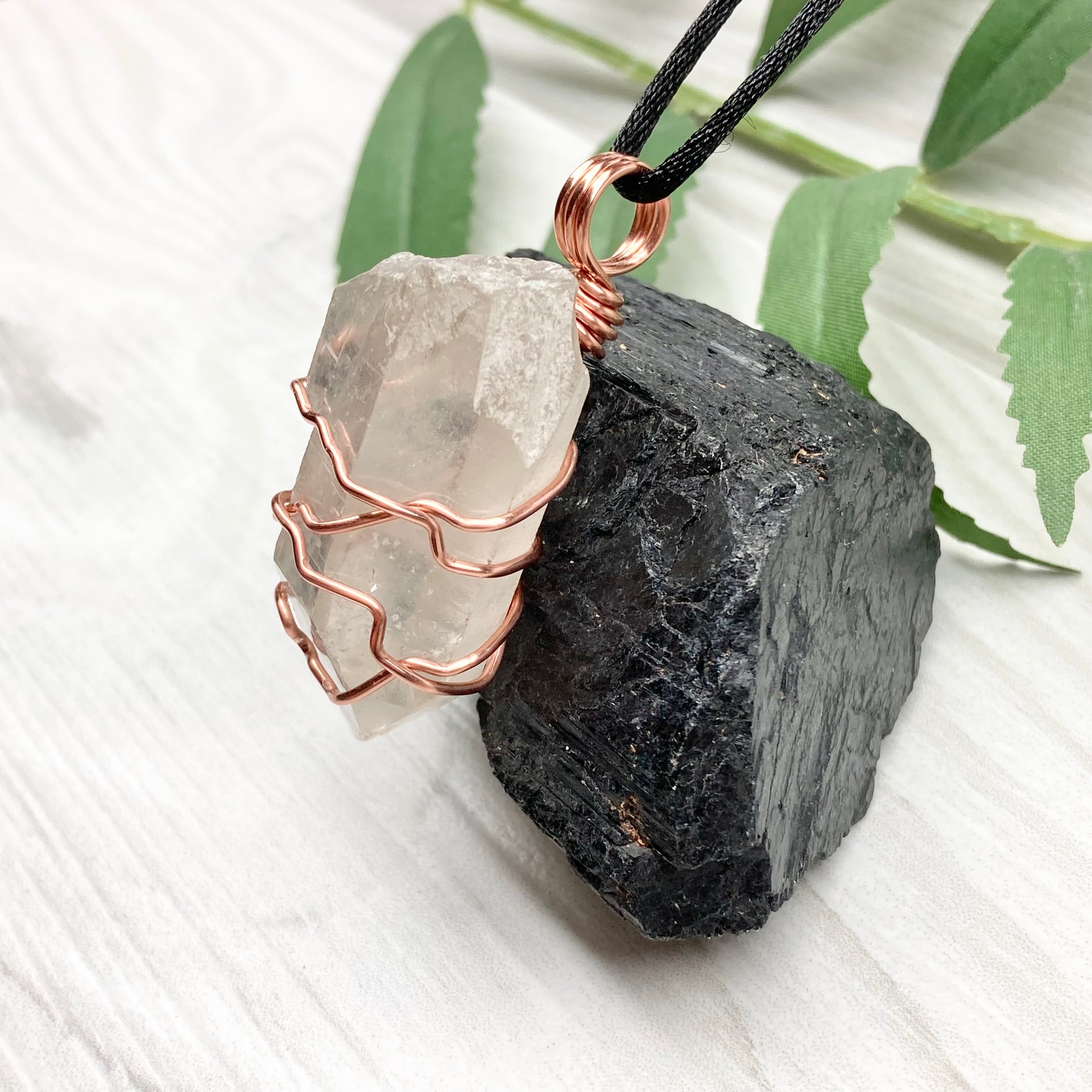 Raw Clear Quartz Crystal Necklace. Copper Wire Wrapped Stone Pendant. Comes On A Black Necklace. Handcrafted New Age Jewelry.