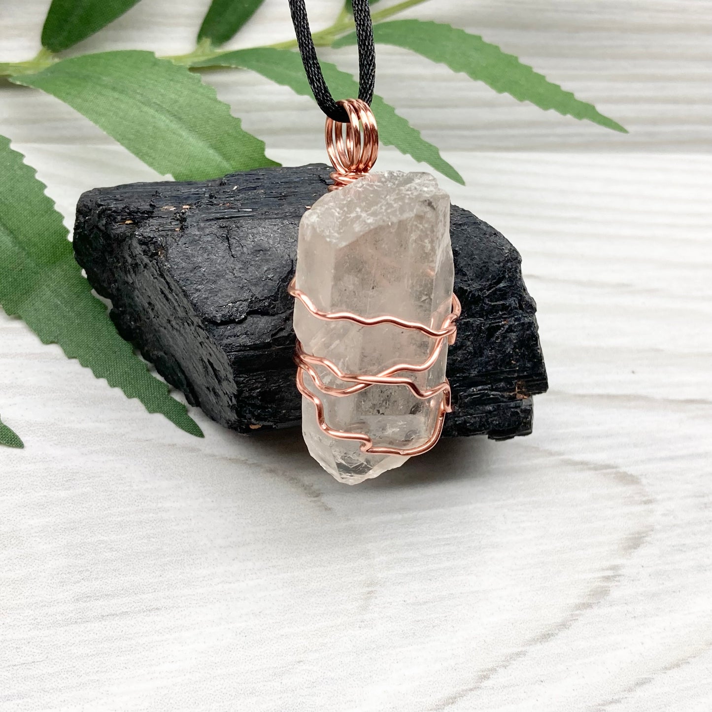 Raw Clear Quartz Crystal Necklace. Copper Wire Wrapped Stone Pendant. Comes On A Black Necklace. Handcrafted New Age Jewelry.
