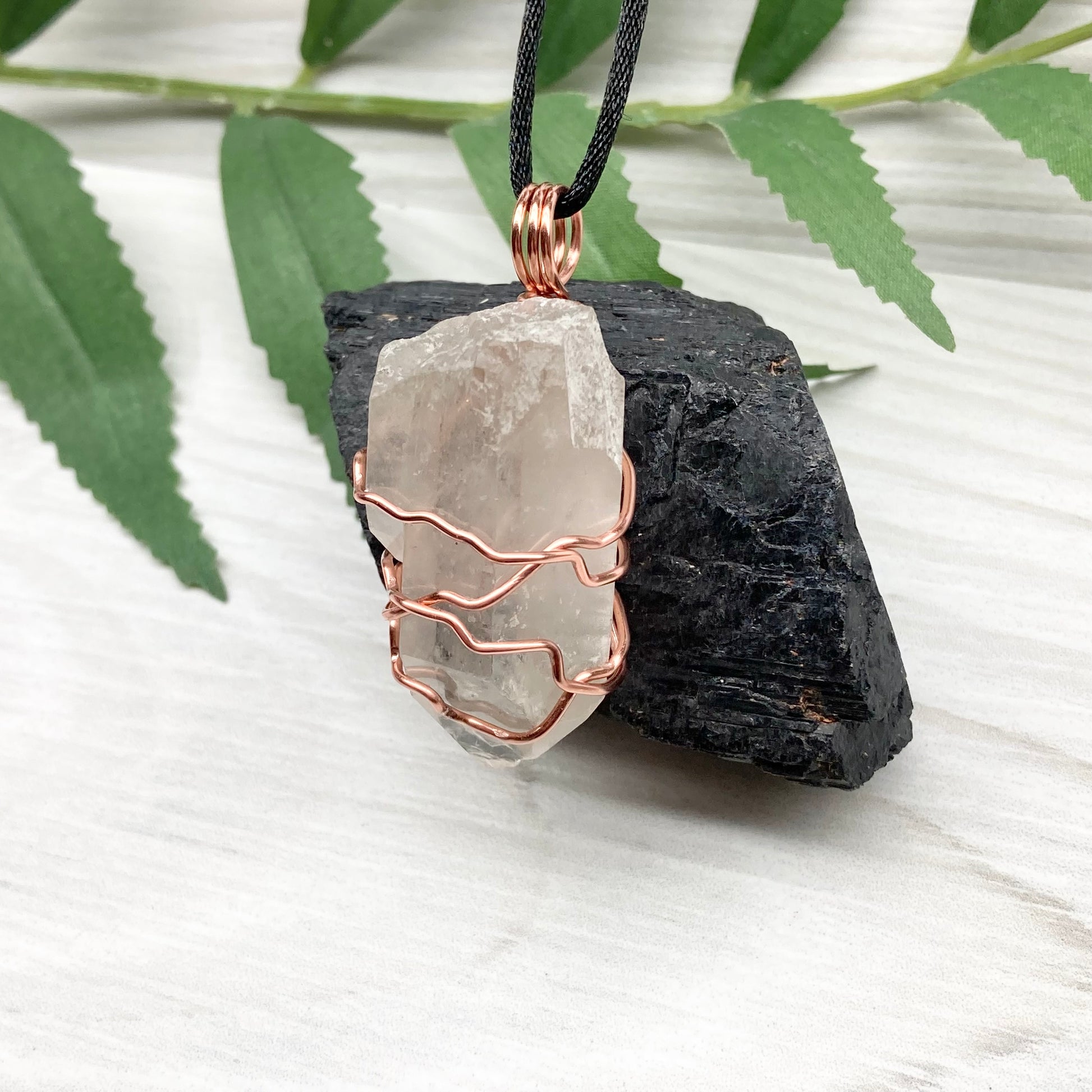 Raw Clear Quartz Crystal Necklace. Copper Wire Wrapped Stone Pendant. Comes On A Black Necklace. Handcrafted New Age Jewelry.