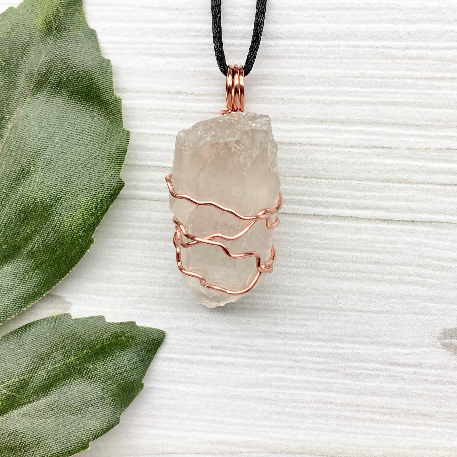 Raw Clear Quartz Crystal Necklace. Copper Wire Wrapped Stone Pendant. Comes On A Black Necklace. Handcrafted New Age Jewelry.