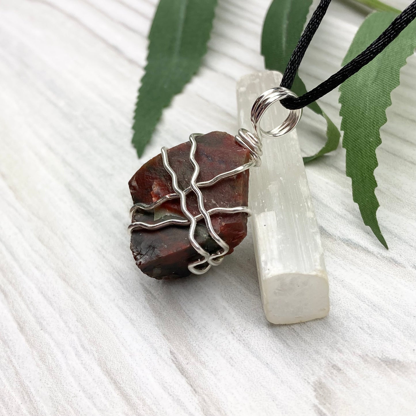 Fancy Jasper necklace. Raw Fancy Jasper stone wrapped with silver colored copper wire. Comes on a black chain. Wire wrapped crystal pendant. Green and red gemstone. Aries zodiac jewelry.