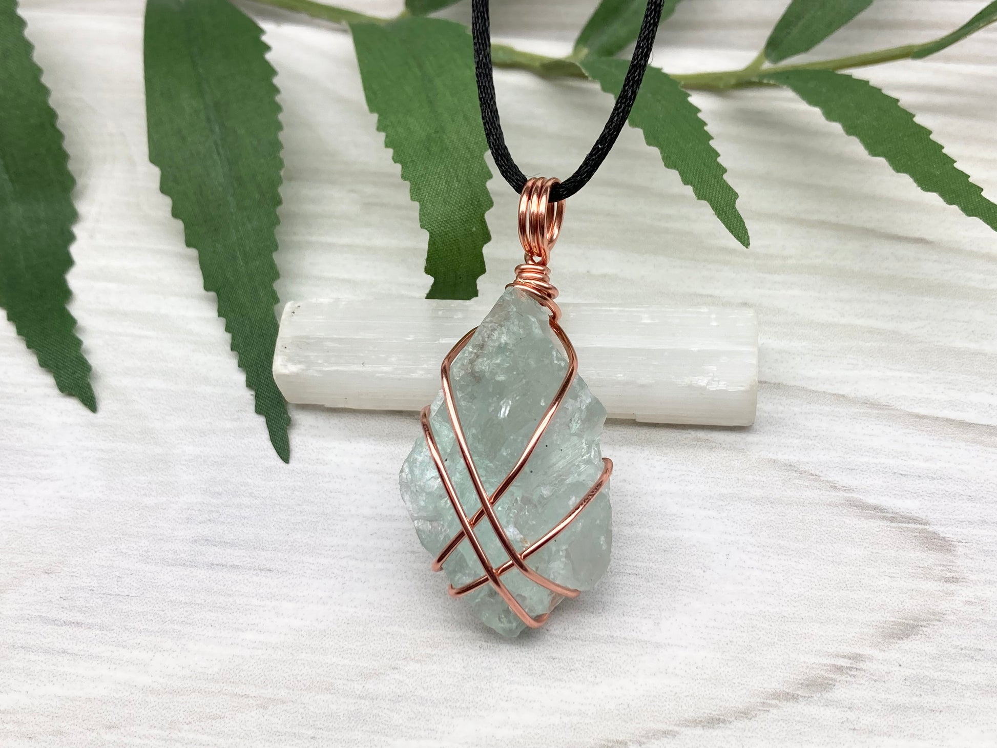 Raw Green Fluorite Crystal Necklace. This Stone Is Wrapped With Tarnish Resistant Copper Wire. Comes On A Black Lobster Clasp Chain.