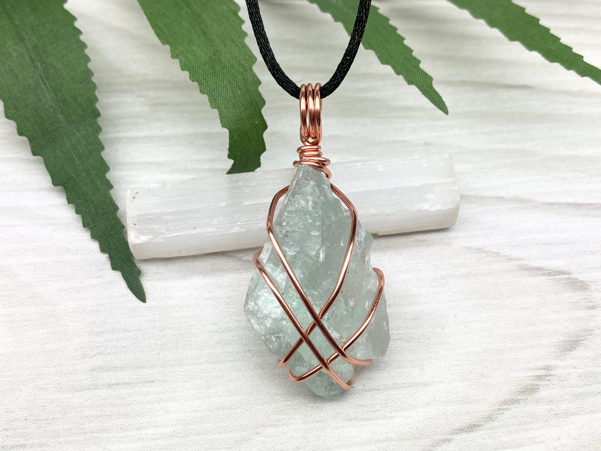 Raw Green Fluorite Crystal Necklace. This Stone Is Wrapped With Tarnish Resistant Copper Wire. Comes On A Black Lobster Clasp Chain.