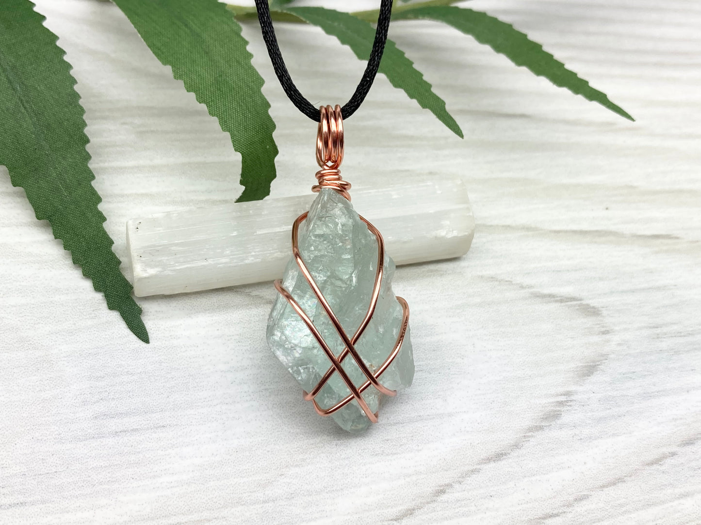 Raw Green Fluorite Crystal Necklace. This Stone Is Wrapped With Tarnish Resistant Copper Wire. Comes On A Black Lobster Clasp Chain.