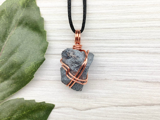 Hematite Necklace. Raw Gray Crystal Pendant. Copper Wire Wrapped Stone. Aries Zodiac Jewelry.