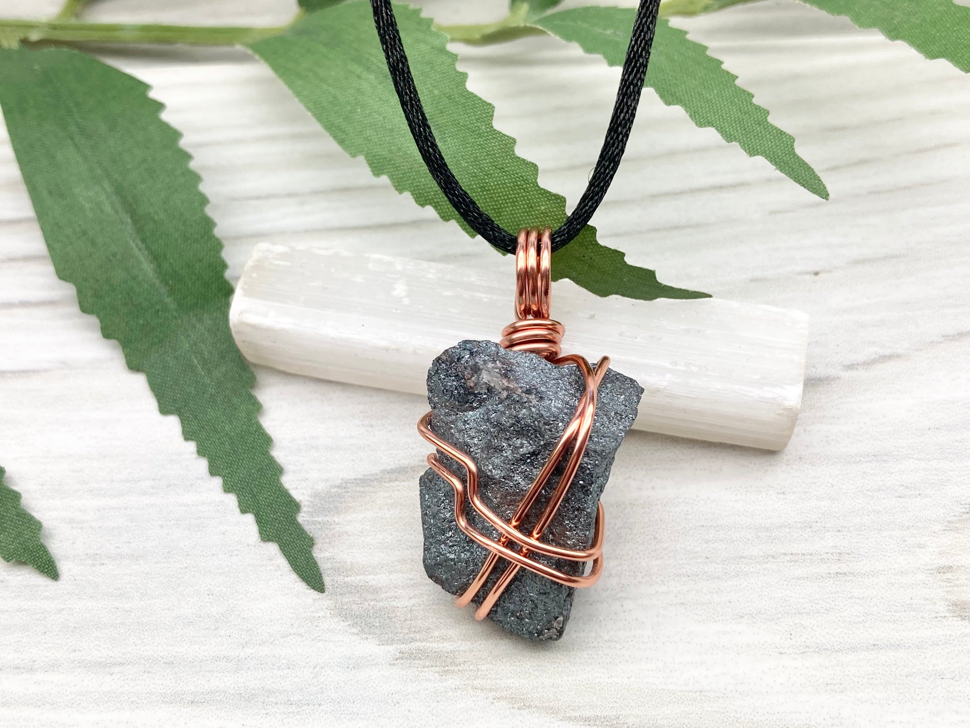 Hematite Necklace. Raw Gray Crystal Pendant. Copper Wire Wrapped Stone. Aries Zodiac Jewelry.