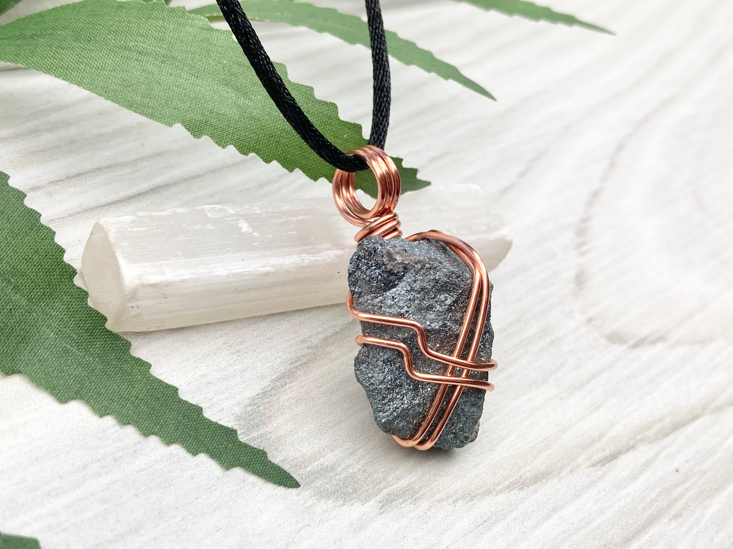 Hematite Necklace. Raw Gray Crystal Pendant. Copper Wire Wrapped Stone. Aries Zodiac Jewelry.