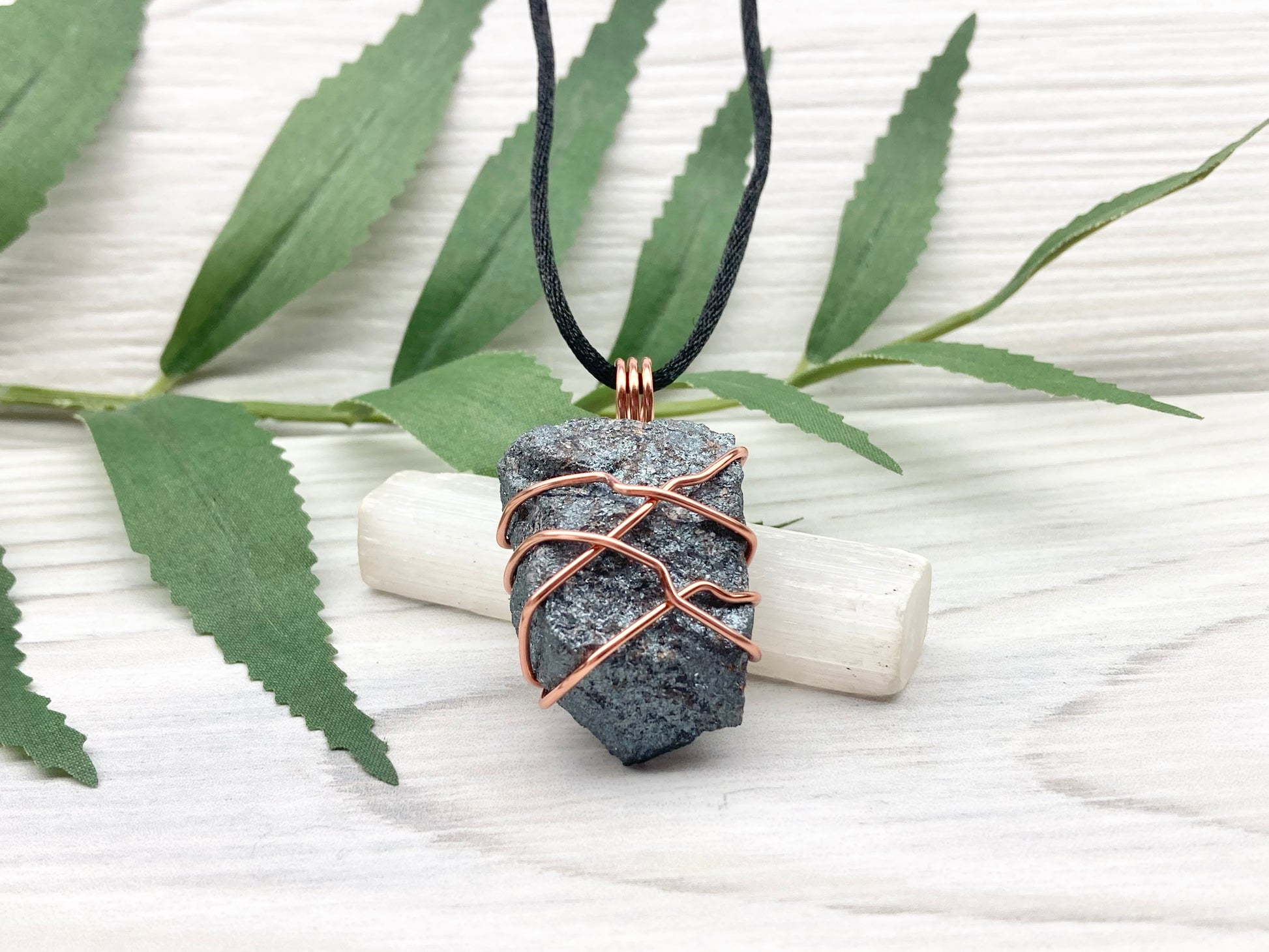 Raw Hematite Necklace. Gray Metallic Colored Stone Hand Wrapped With Pure Copper Wire. Comes On A Black Chain. New Age Jewelry For Him Or Her. Aquarius Zodiac Gemstone.