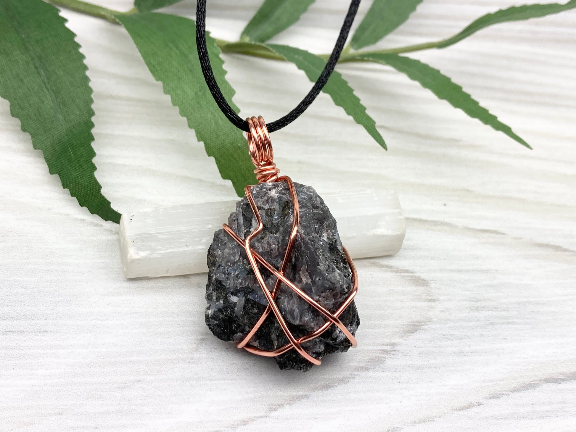 Indigo Gabbro Stone Necklace. Indigo Gabbro Crystal Wrapped With Tarnish Resistant Copper Wire. Also Known As Mystic Merlinite. Comes On A Black Chain. 