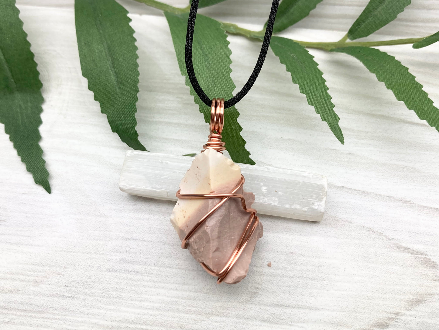Raw Mookaite Jasper Necklace. Cream and Light Brown Crystal Wrapped With Tarnish Resistant Copper Wire. Comes On A Black Satin Silk Chain. Handcrafted During The Moon In Aries.