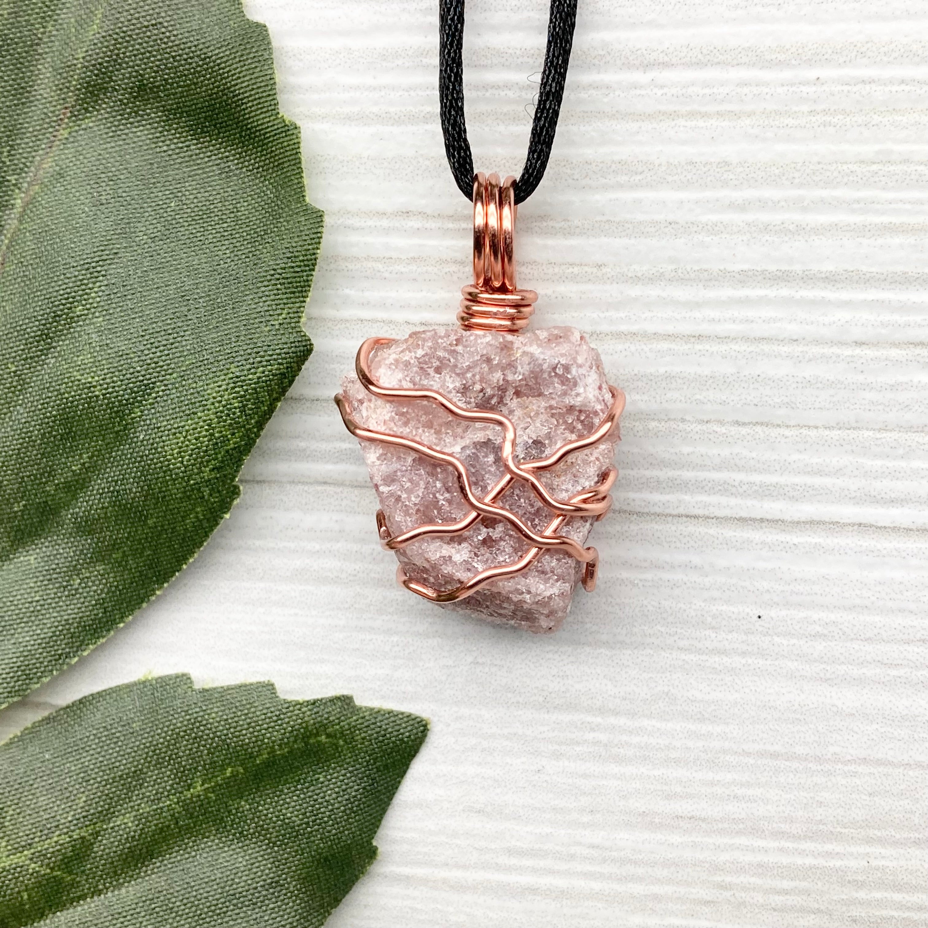 Rose quartz pendant wrapped with copper popular wire, pink chain pendant