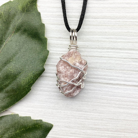 Raw Pink Aventurine Necklace. Aventurine stone wrapped with silver colored copper wire. Comes on a black chain. Pink purple crystal pendant. Wire wrapped jewelry. Aries zodiac gift. 