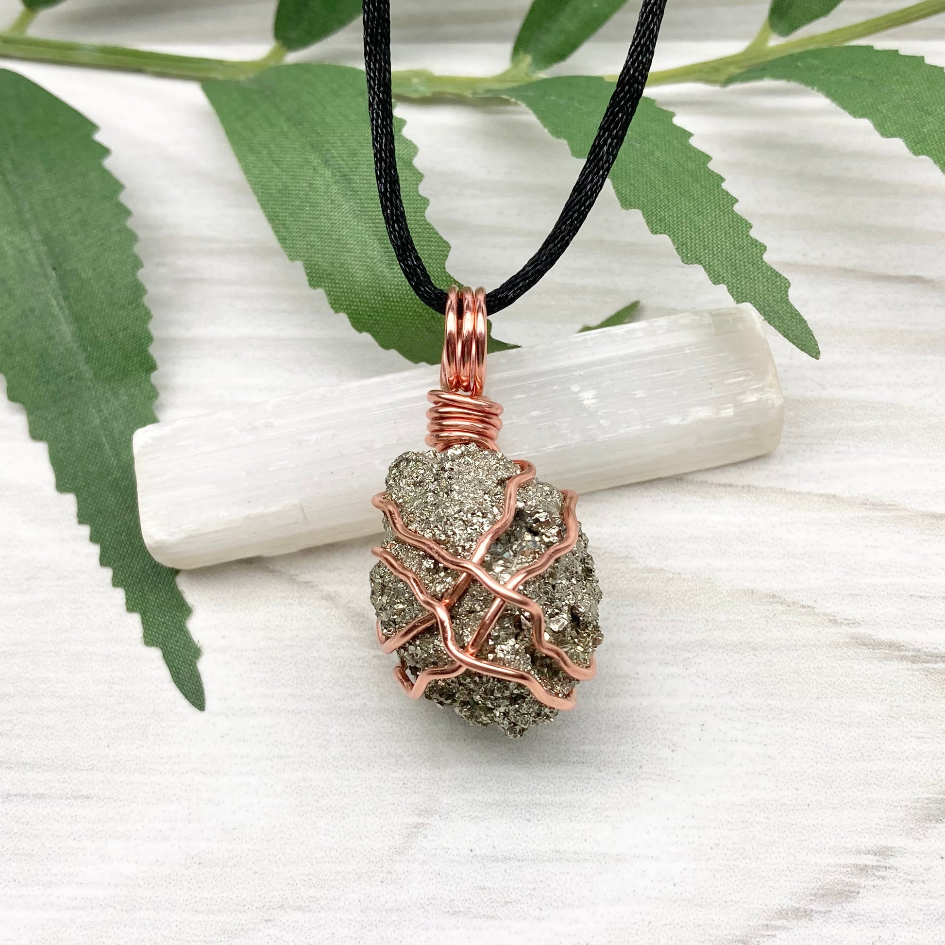 Raw Pyrite Necklace. Real Pyrite Stone Hand Wrapped With Copper Wire. Fools Gold Crystal Pendant. Comes On A Black Chain. Leo And Taurus Zodiac Jewelry. Handmade In Tennessee.