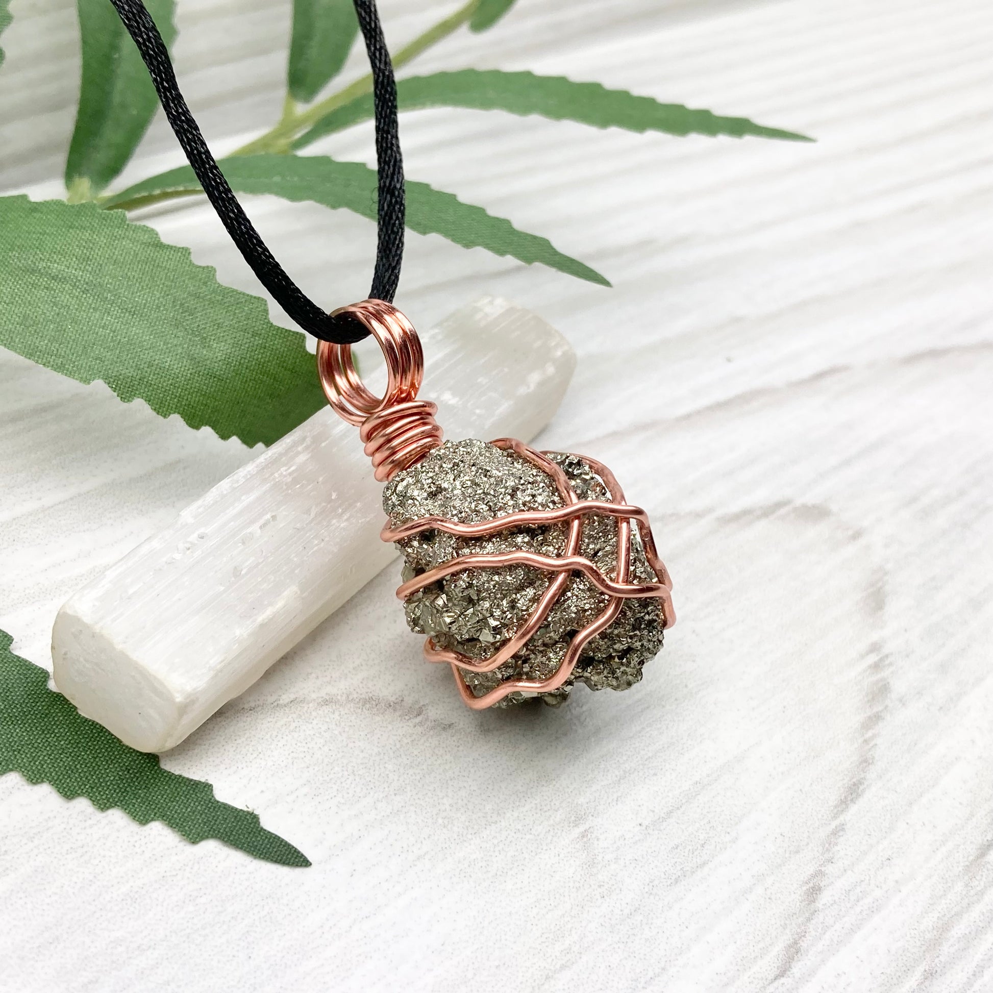 Raw Pyrite Necklace. Real Pyrite Stone Hand Wrapped With Copper Wire. Fools Gold Crystal Pendant. Comes On A Black Chain. Leo And Taurus Zodiac Jewelry. Handmade In Tennessee.