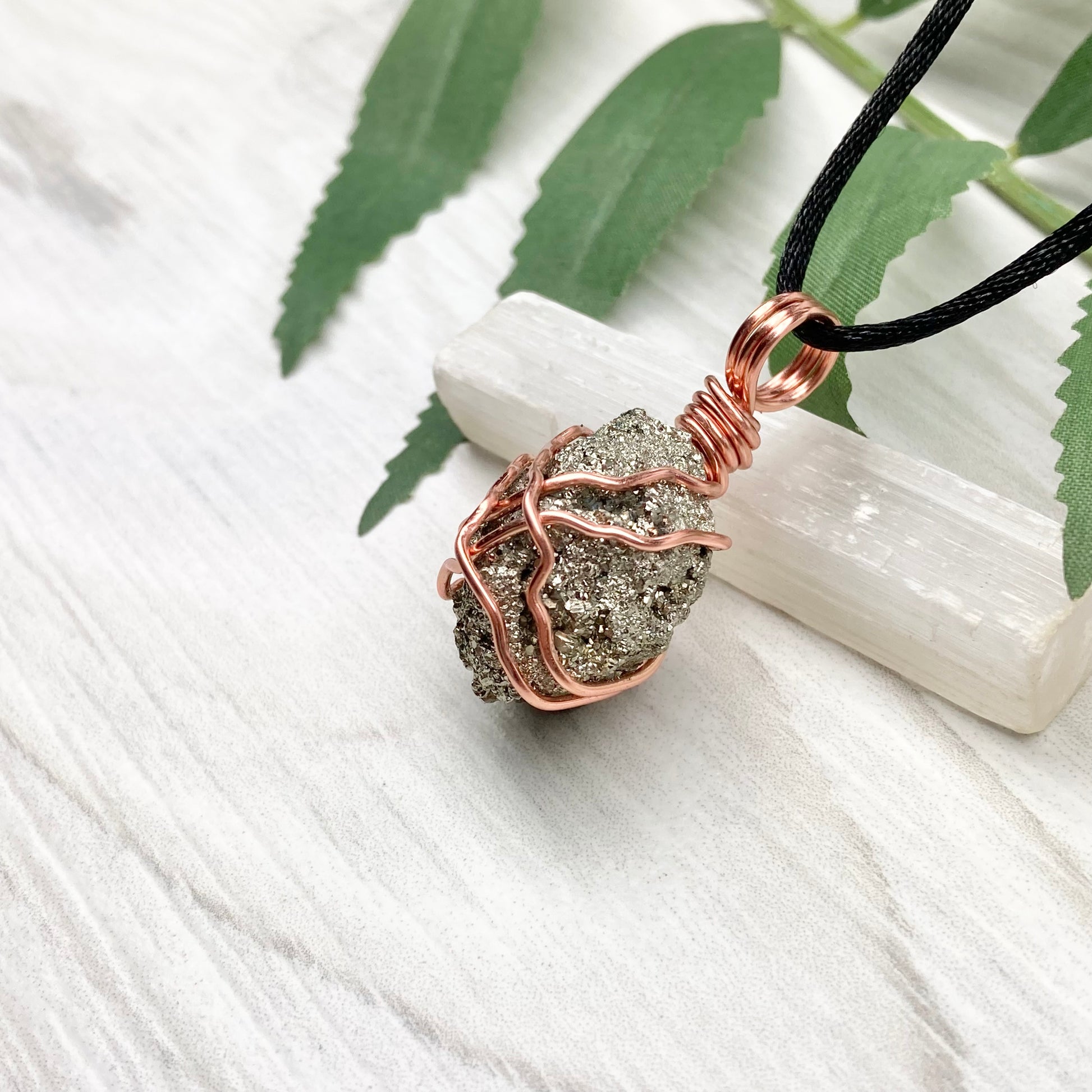 Raw Pyrite Necklace. Real Pyrite Stone Hand Wrapped With Copper Wire. Fools Gold Crystal Pendant. Comes On A Black Chain. Leo And Taurus Zodiac Jewelry. Handmade In Tennessee.