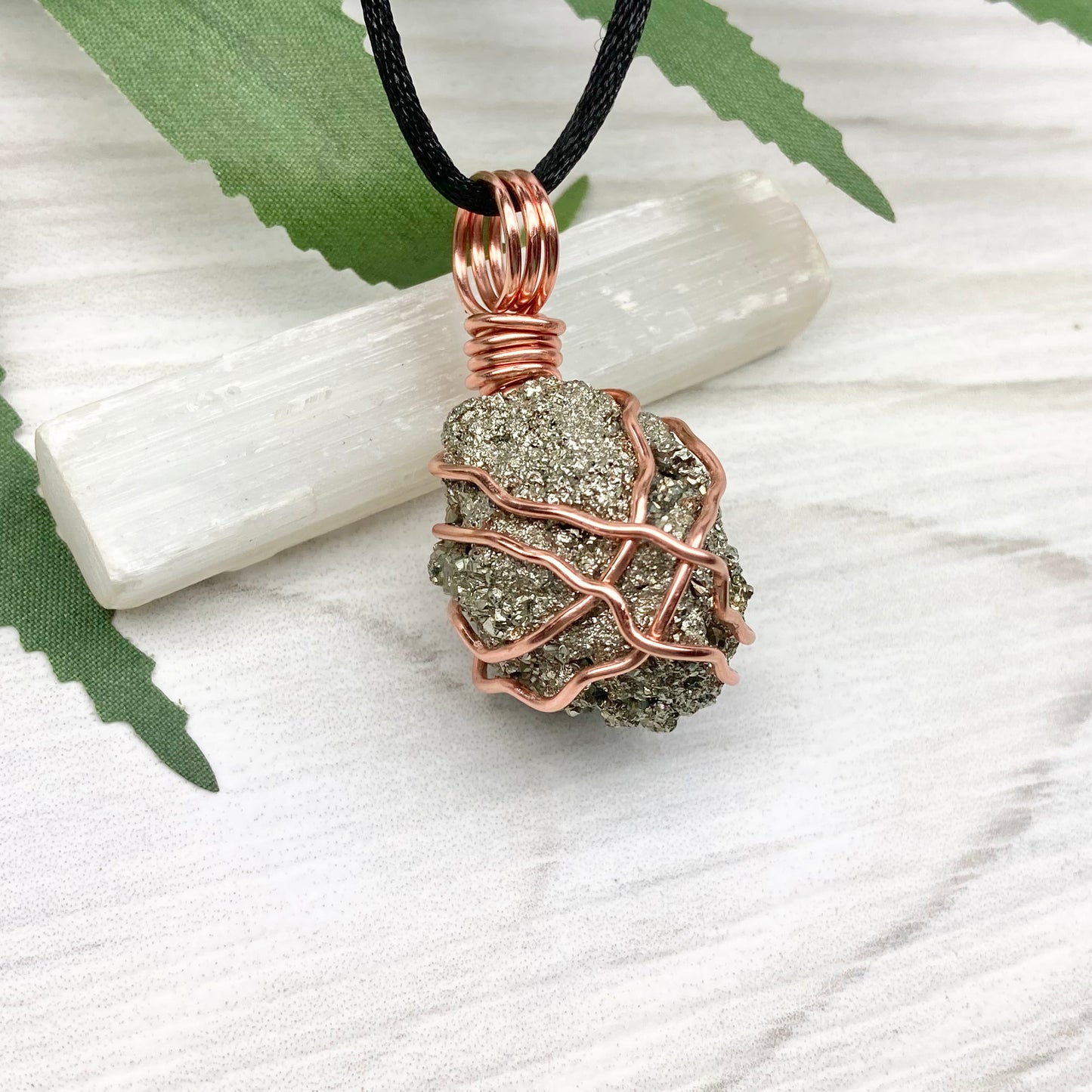 Raw Pyrite Necklace. Real Pyrite Stone Hand Wrapped With Copper Wire. Fools Gold Crystal Pendant. Comes On A Black Chain. Leo And Taurus Zodiac Jewelry. Handmade In Tennessee.